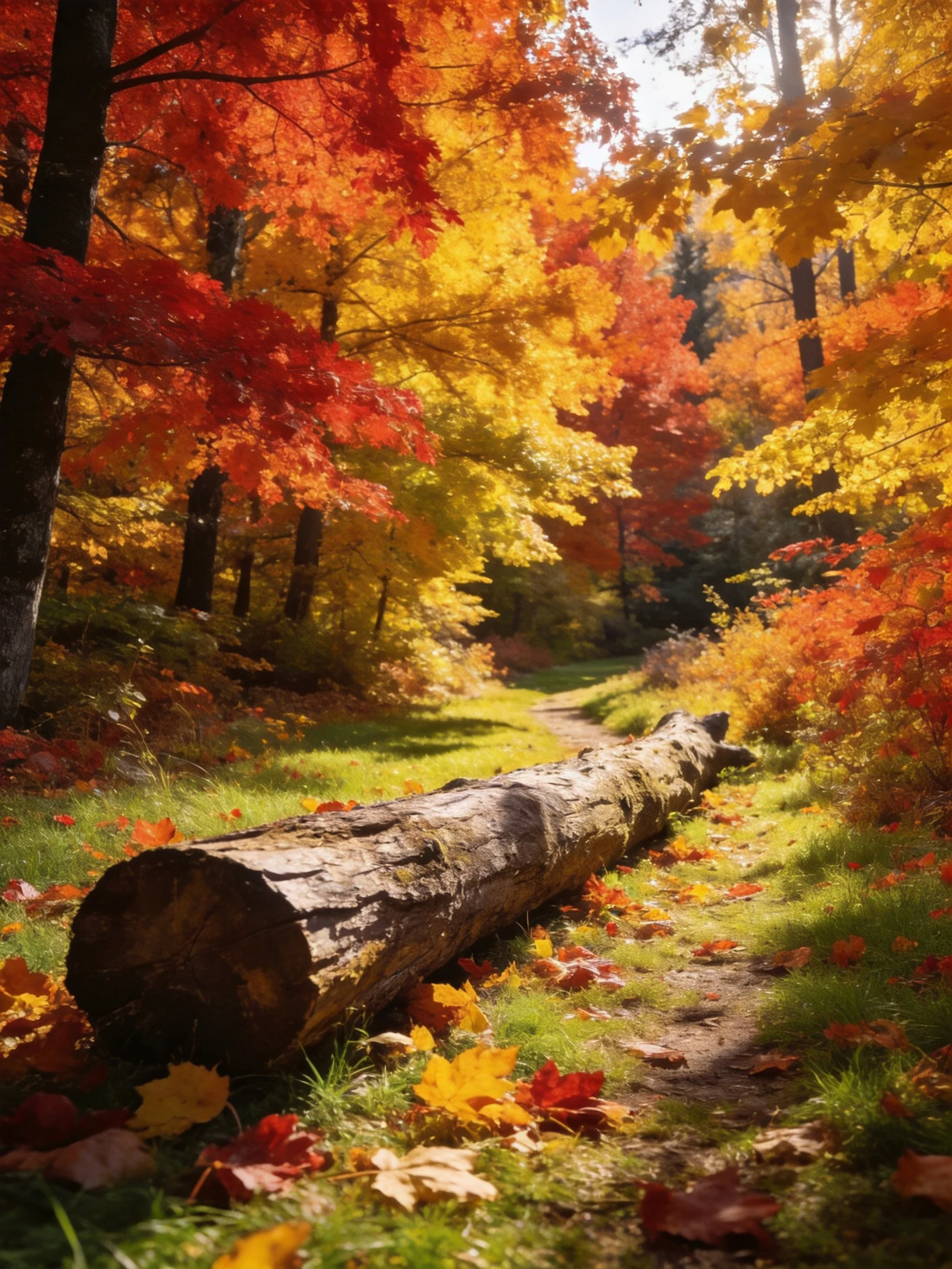 A sunlit forest path with vibrant fall foliage and a fallen log