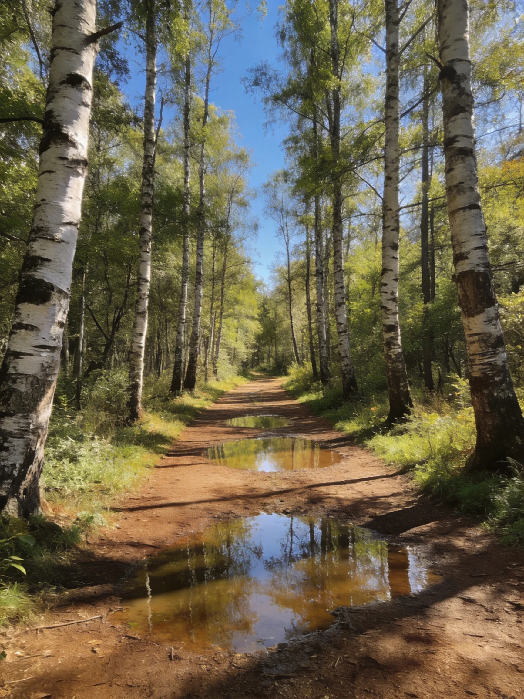 A sunlit forest path with white-barked birches and reflective puddles