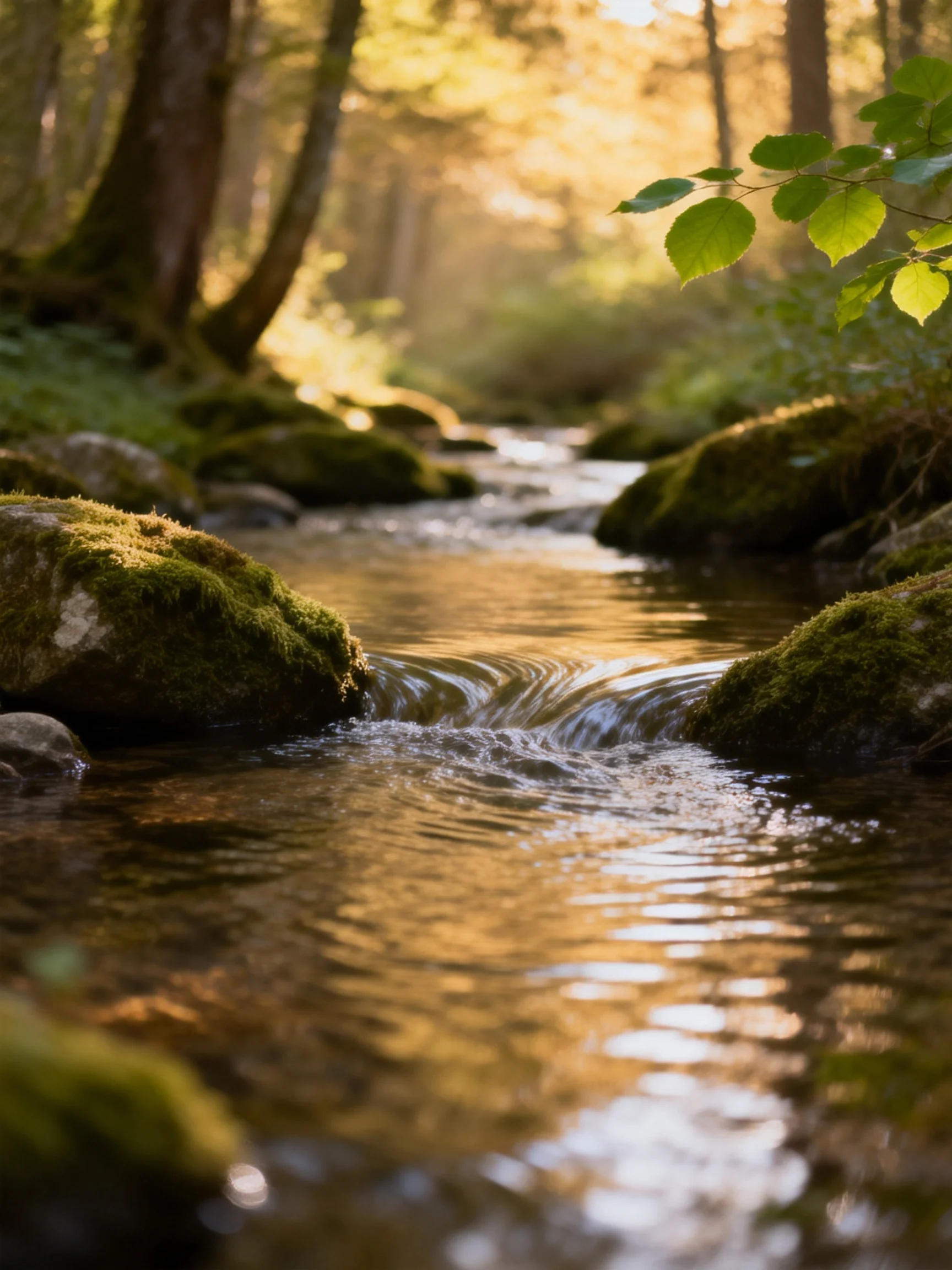 A sunlit forest stream flows between moss-covered rocks
