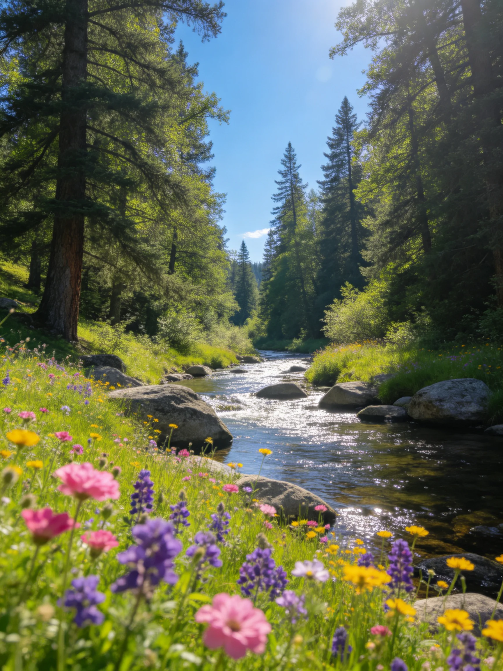 A sunlit forest stream with colorful wildflowers and tall evergreen trees
