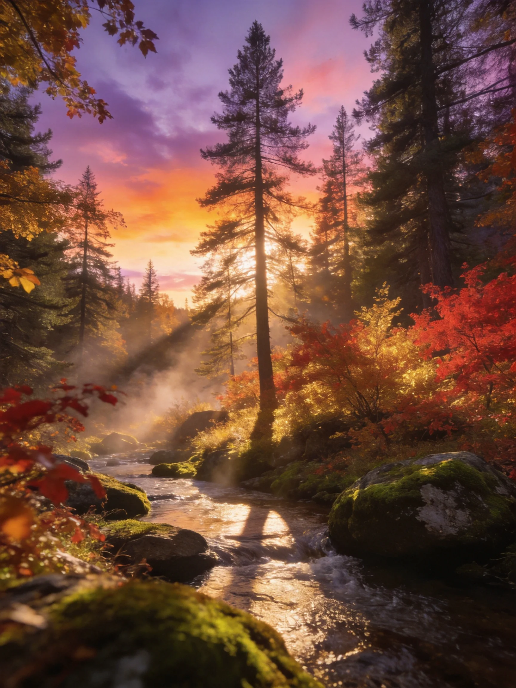 A sunlit forest stream with vibrant autumn foliage at twilight