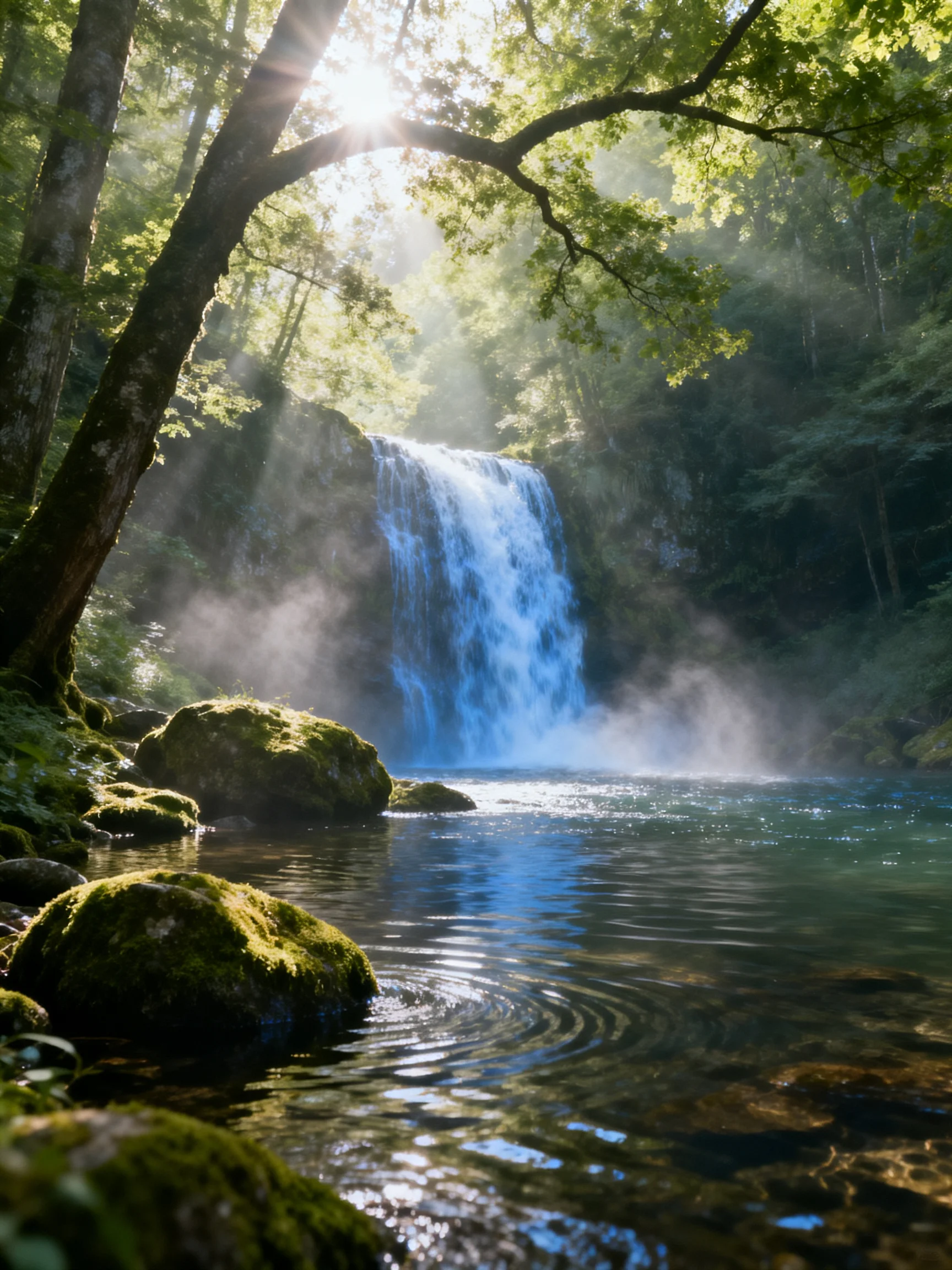A sunlit forest waterfall with blue cascade and mossy rocks