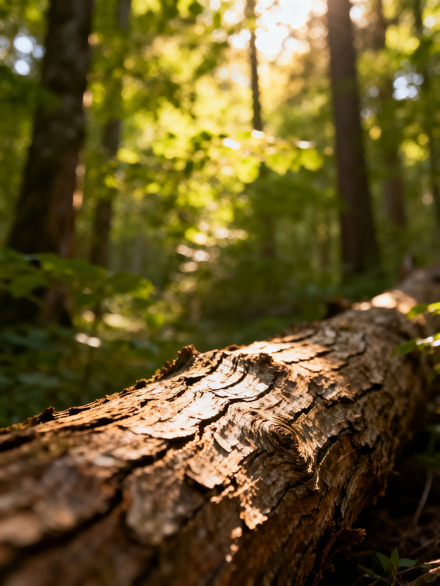 A sunlit forest with a textured fallen tree trunk