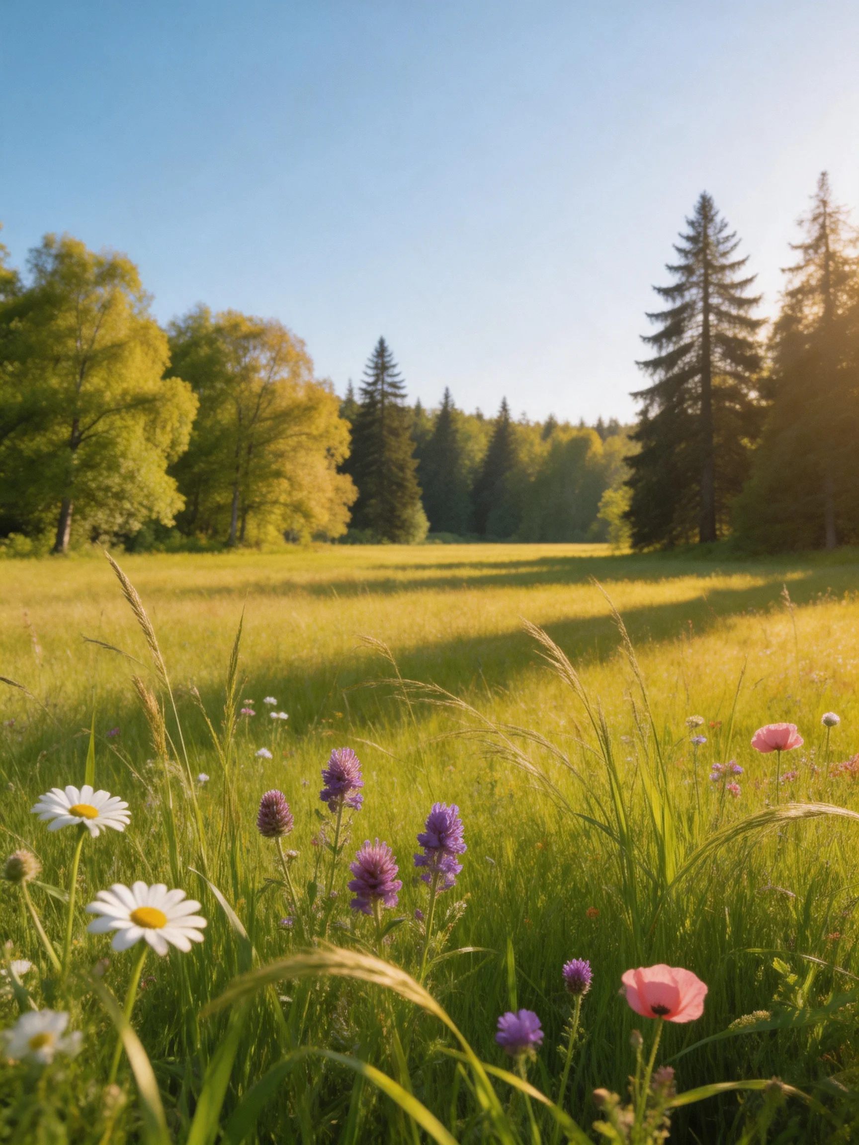A sunlit meadow with colorful wildflowers and tall trees