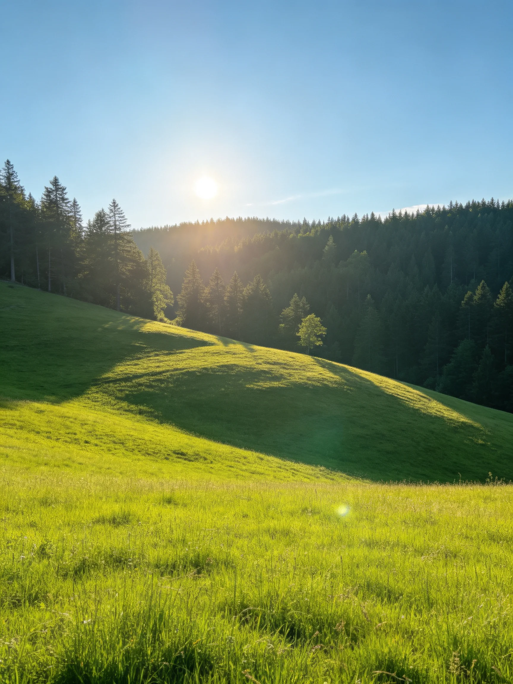 A sunlit meadow with rolling green hills and dense forest