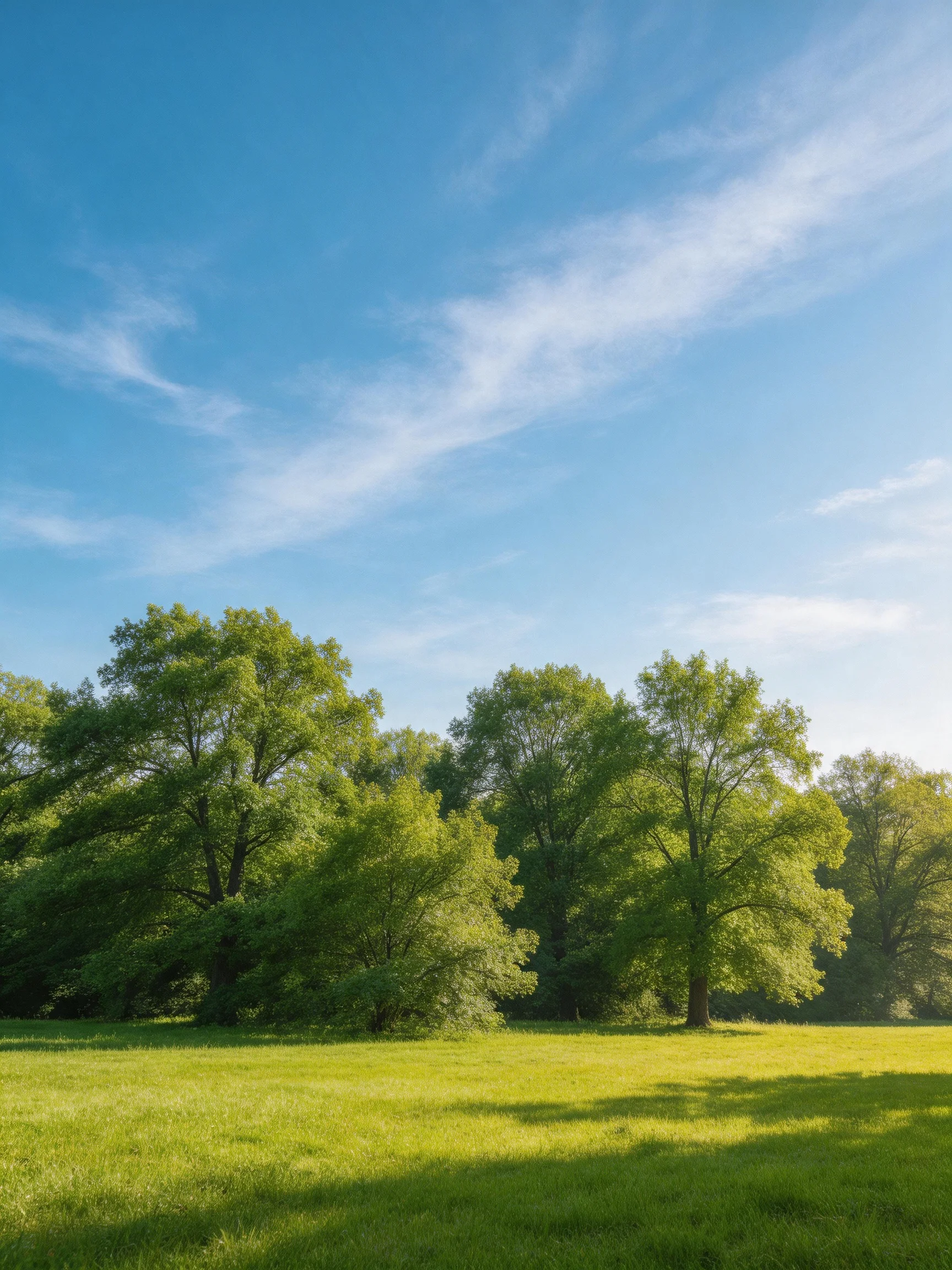 A sunlit meadow with tall green trees under a clear blue sky