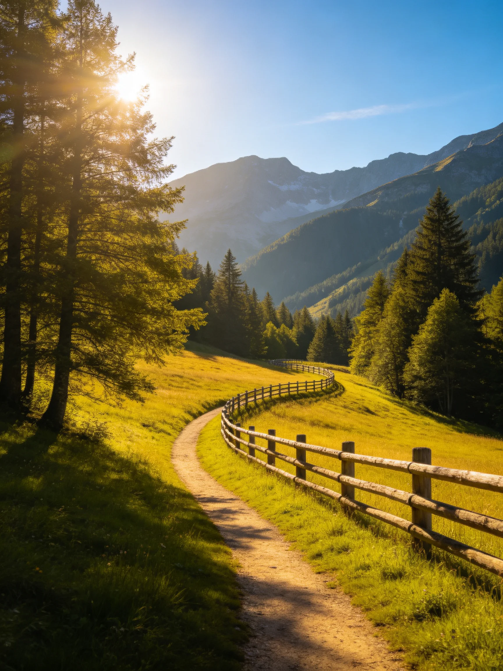 A sunlit meadow with winding dirt path and wooden fence