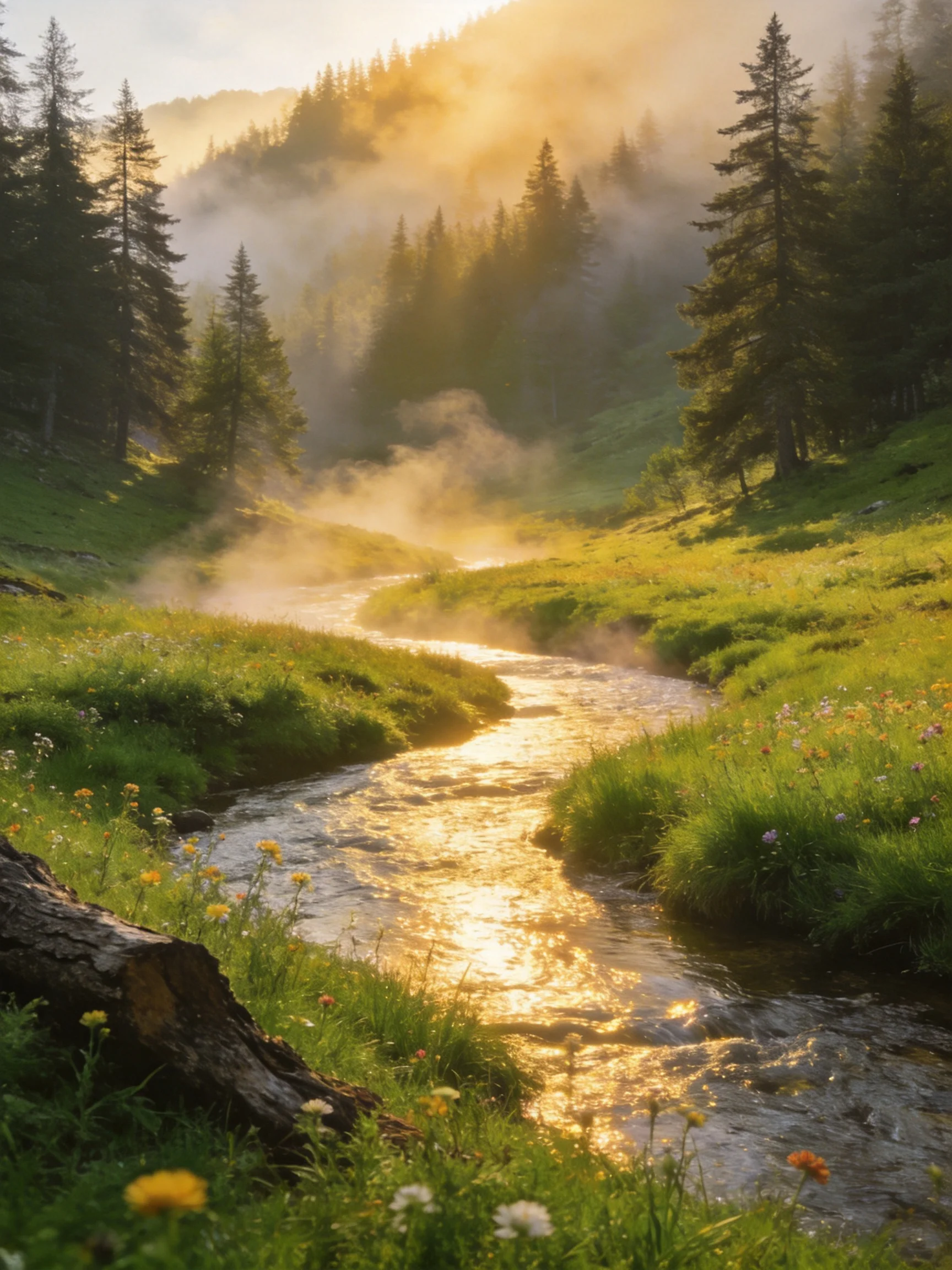 A sunlit mountain stream winds through lush green meadows near pine forests
