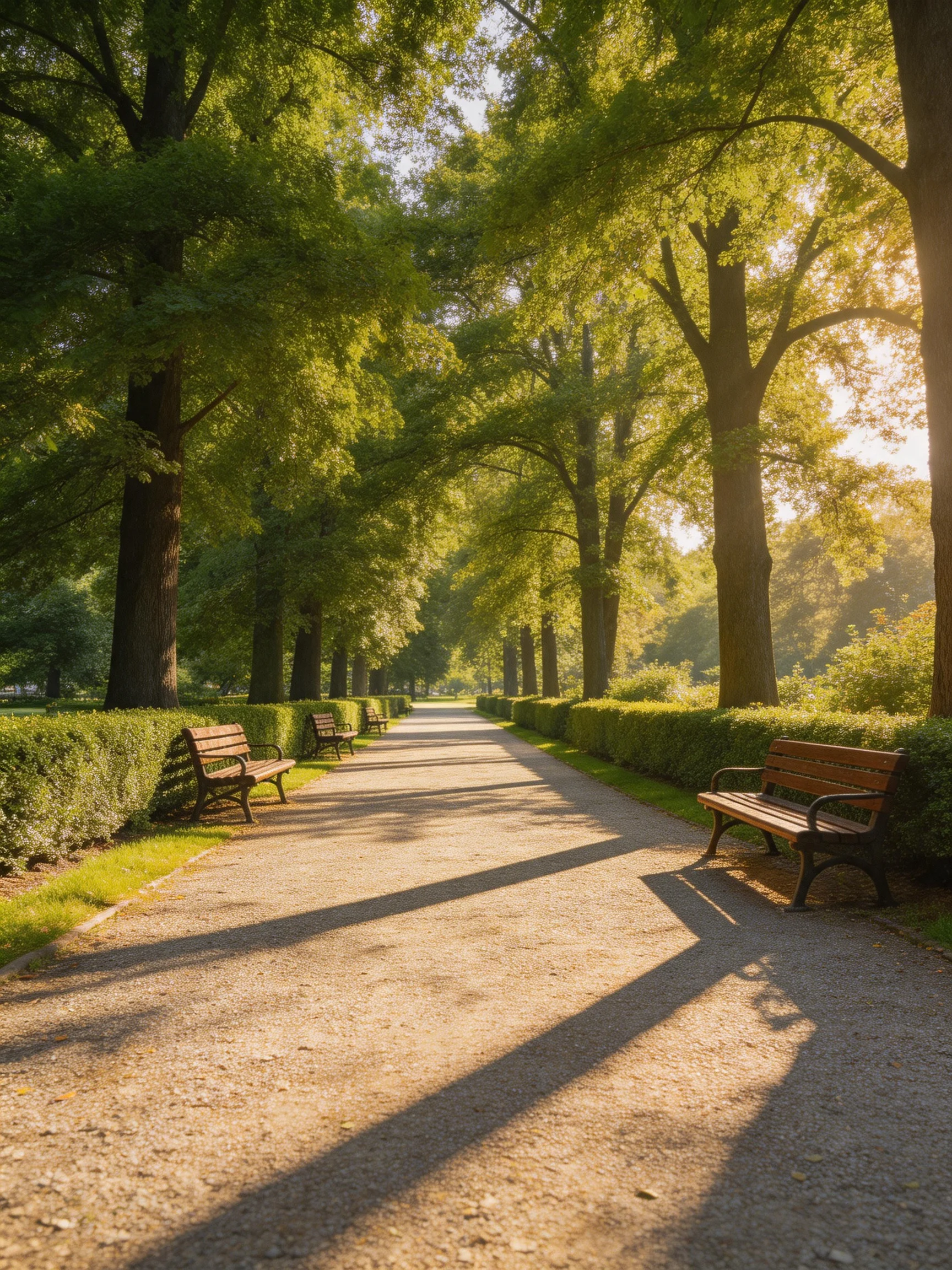 A sunlit park path lined with wooden benches and tall green trees