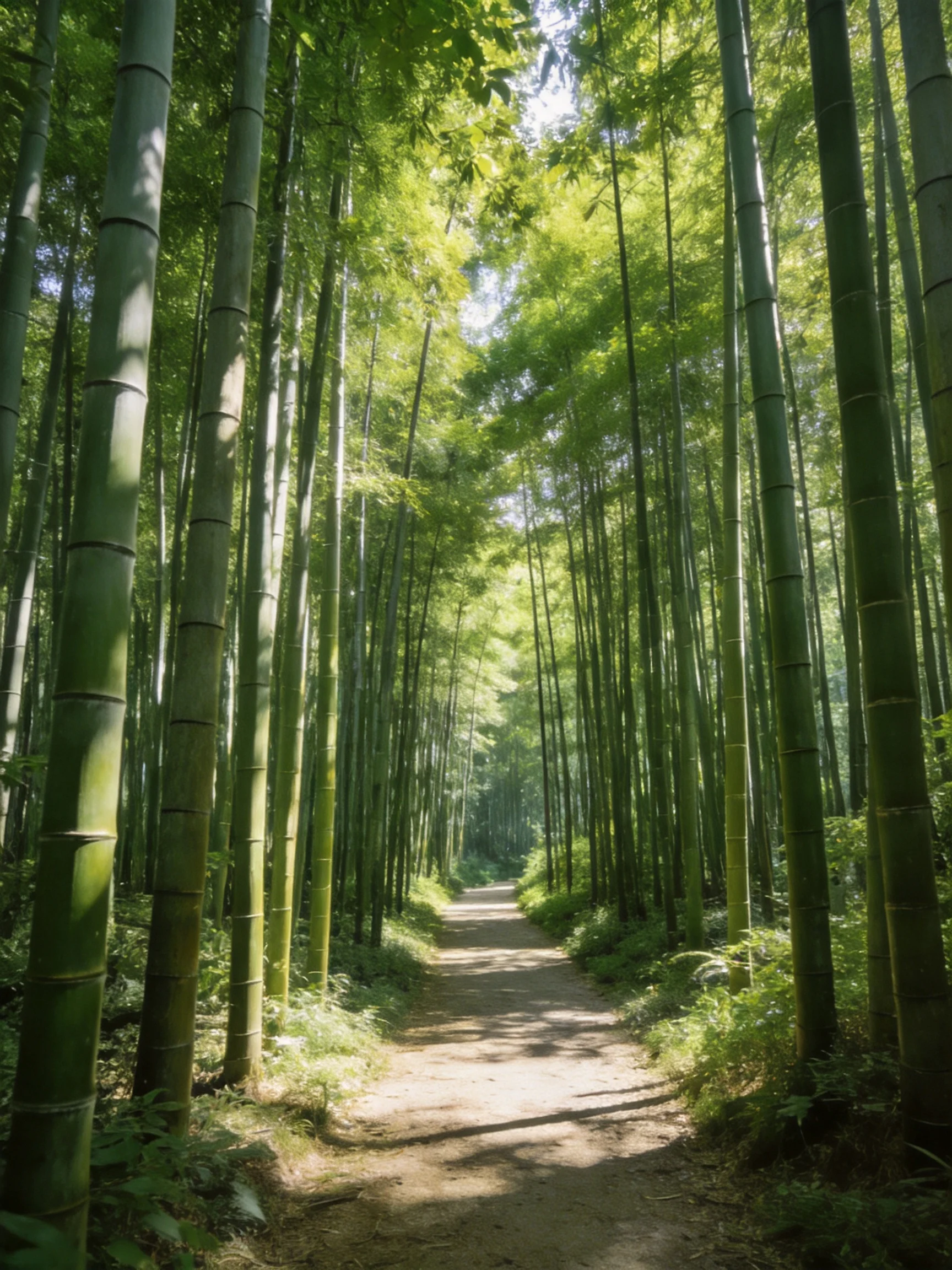 A sunlit path winds through tall green bamboo in a dense forest