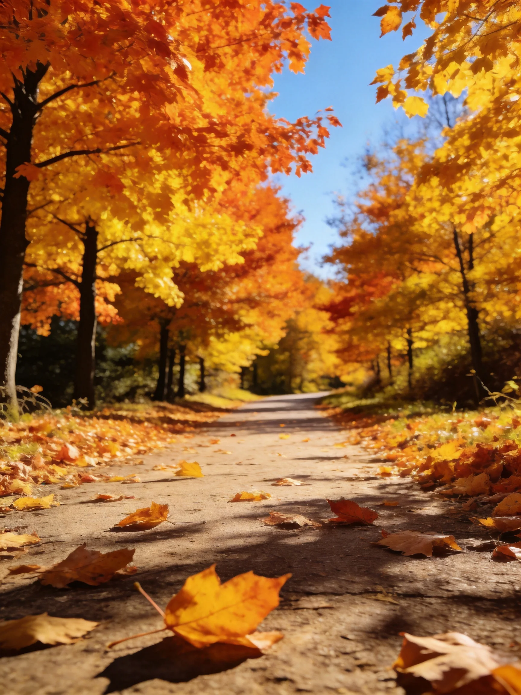 A sunlit pathway bordered by golden-orange fall trees