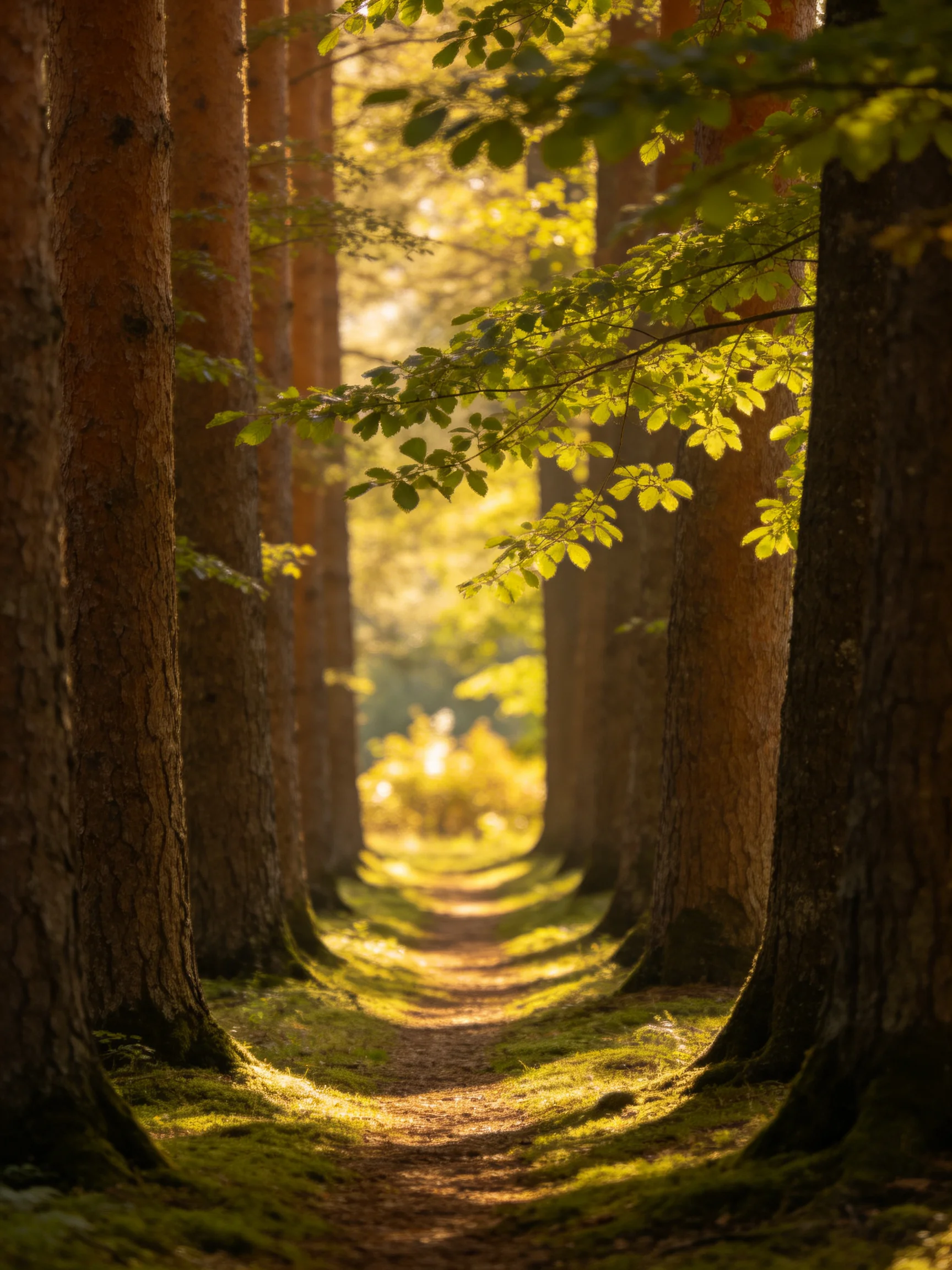 A sunlit pathway winds between towering trees in a dense forest