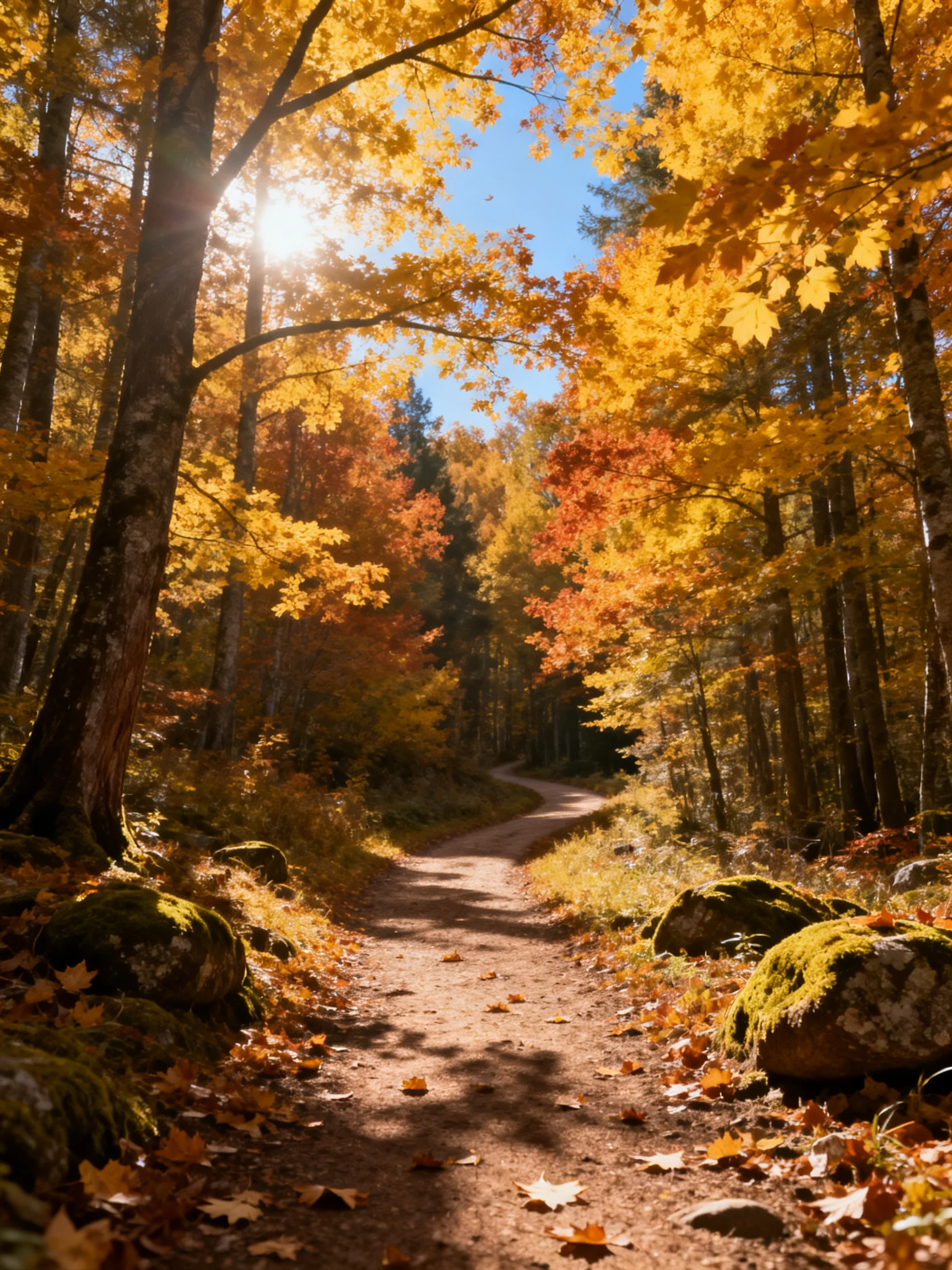 A sunlit pathway winds through an autumn forest with golden foliage