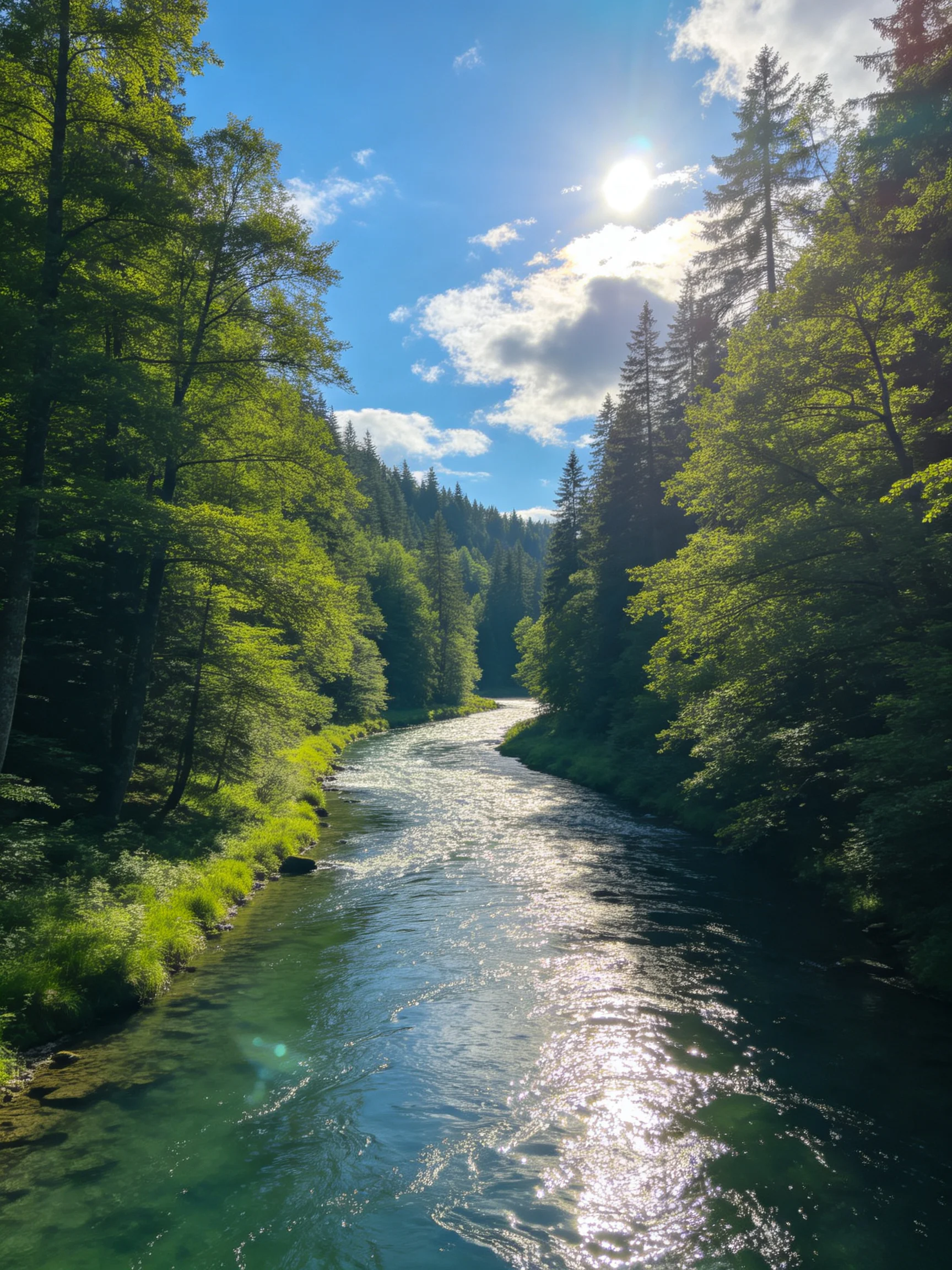 A sunlit river flows through dense green forests under clear blue skies