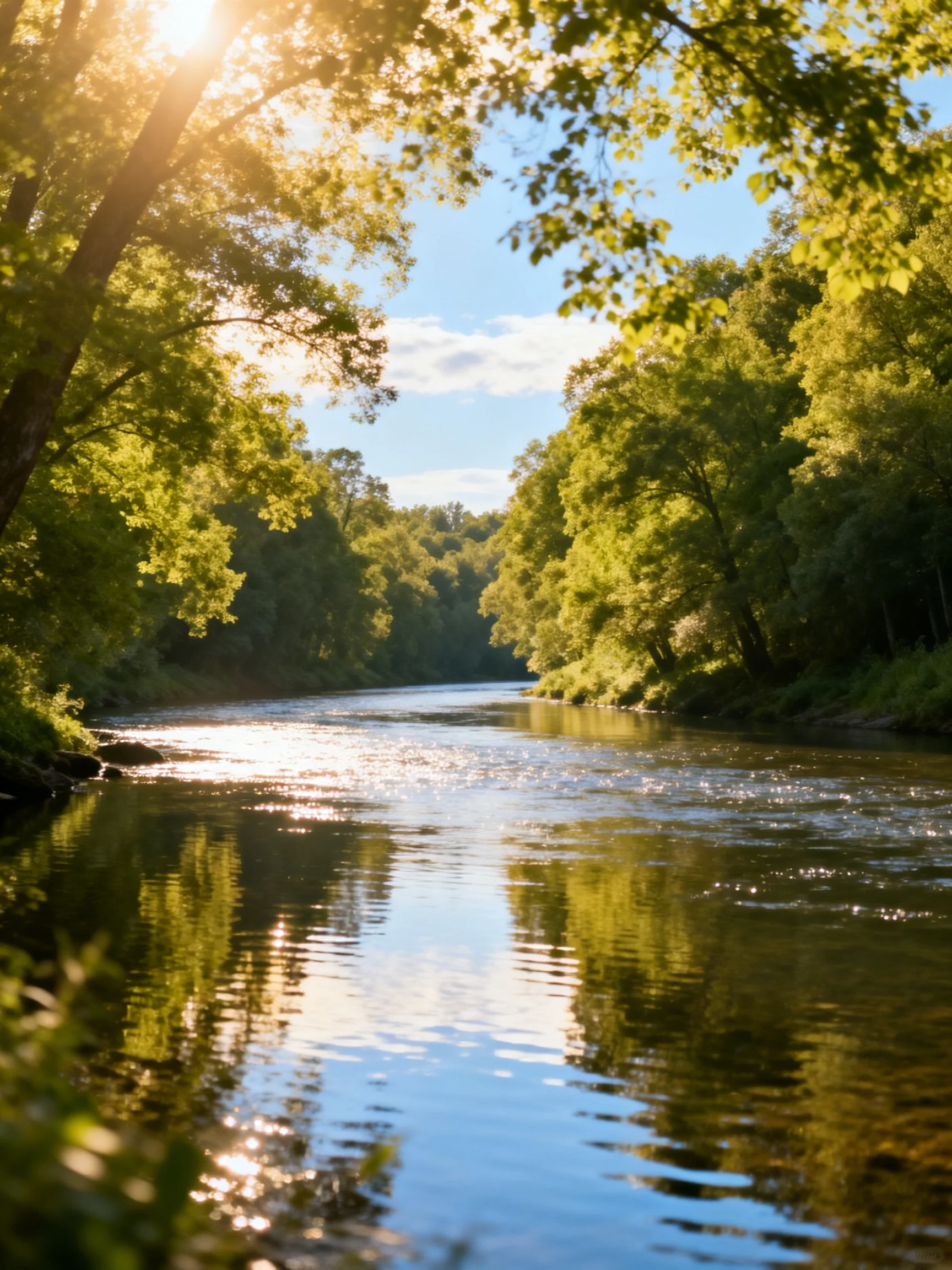 A sunlit river winding through dense green forests