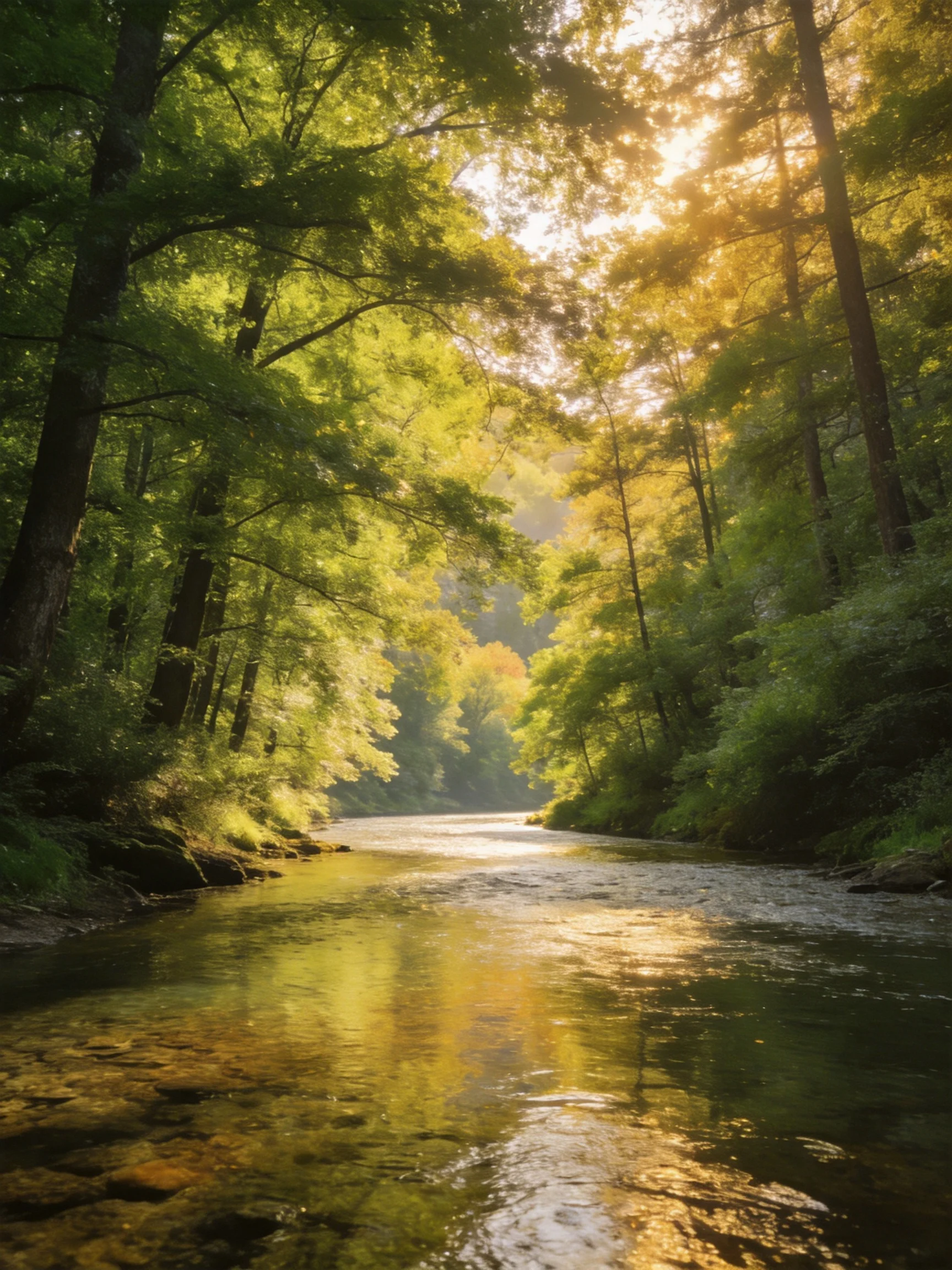 A sunlit river winds through dense green forest