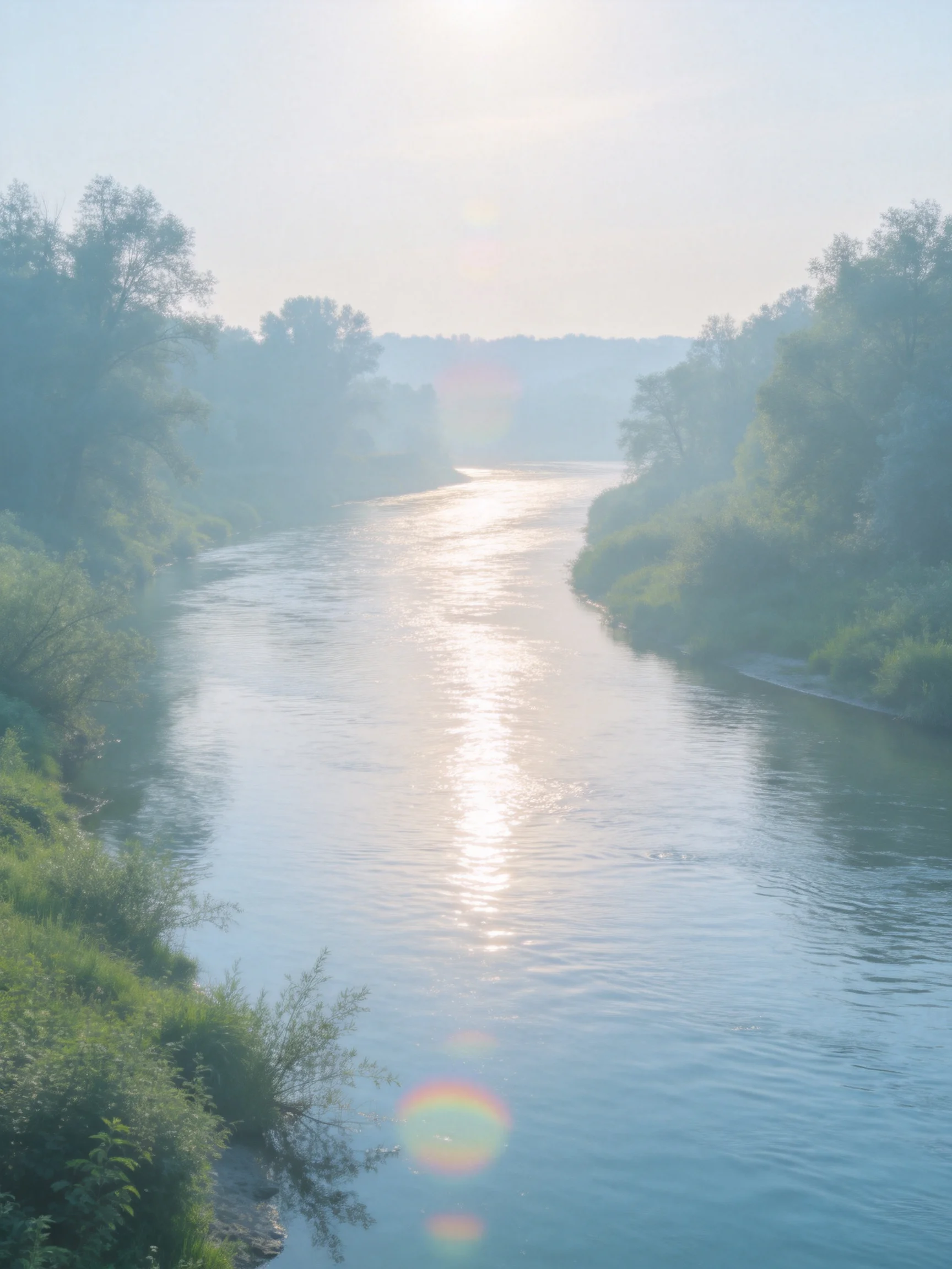 A sunlit river winds through lush greenery under morning haze