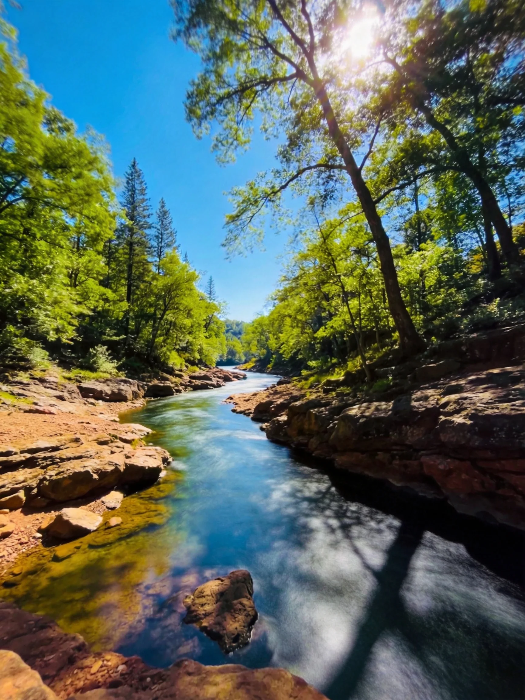 A sunlit river winds through rocky terrain amid lush green forests
