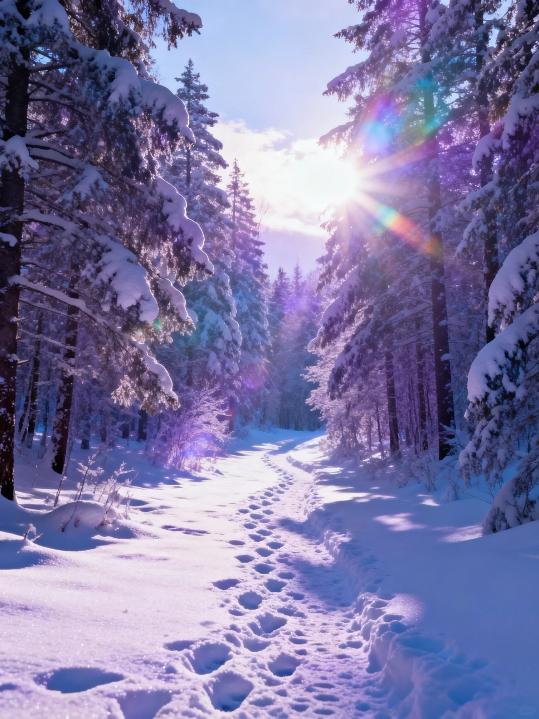 A sunlit snowy forest path with footprints and snow - covered pines