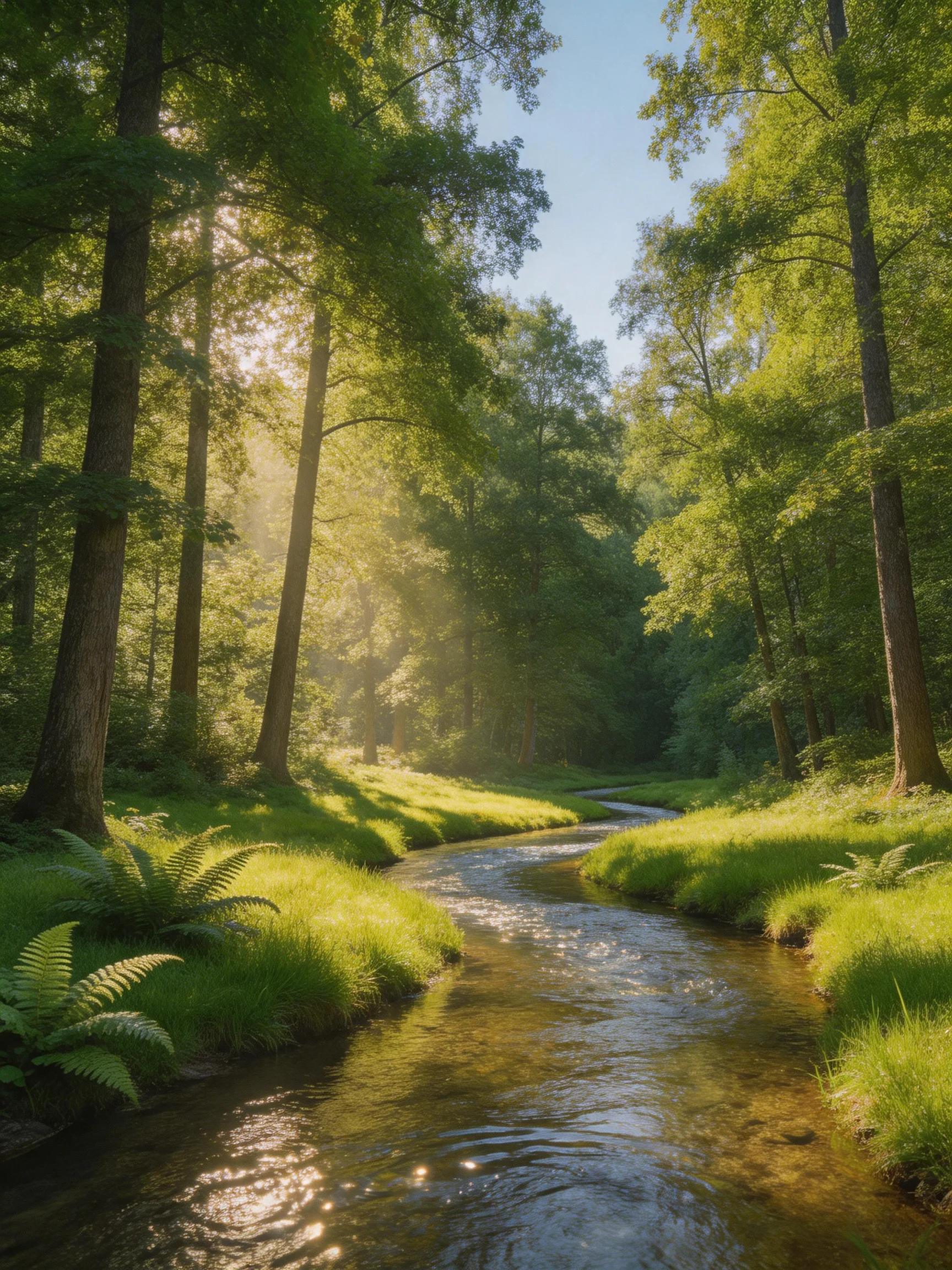 A sunlit stream winds through a dense forest with lush greenery