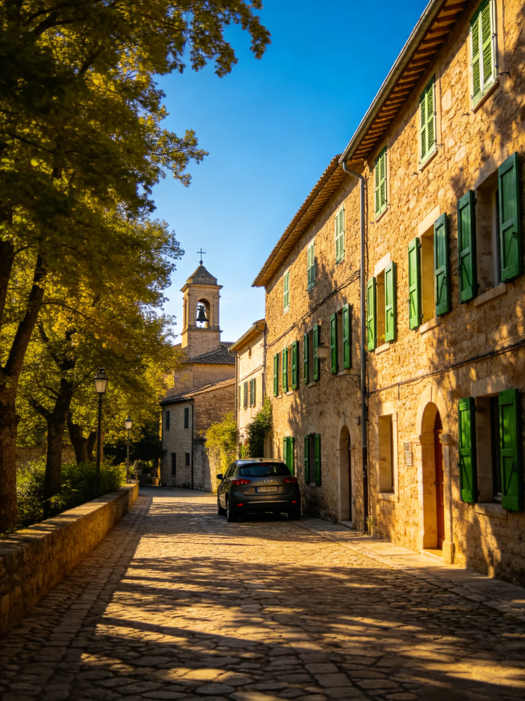 A sunlit village street with stone buildings and green shutters