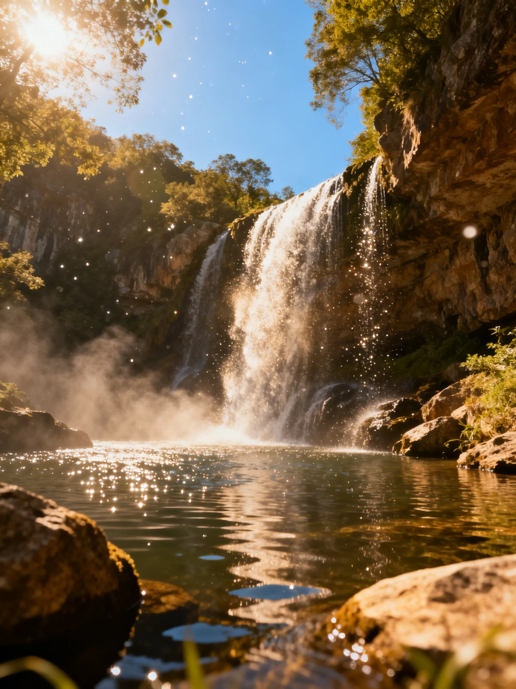 A sunlit waterfall spills over rocky cliffs into a misty pool