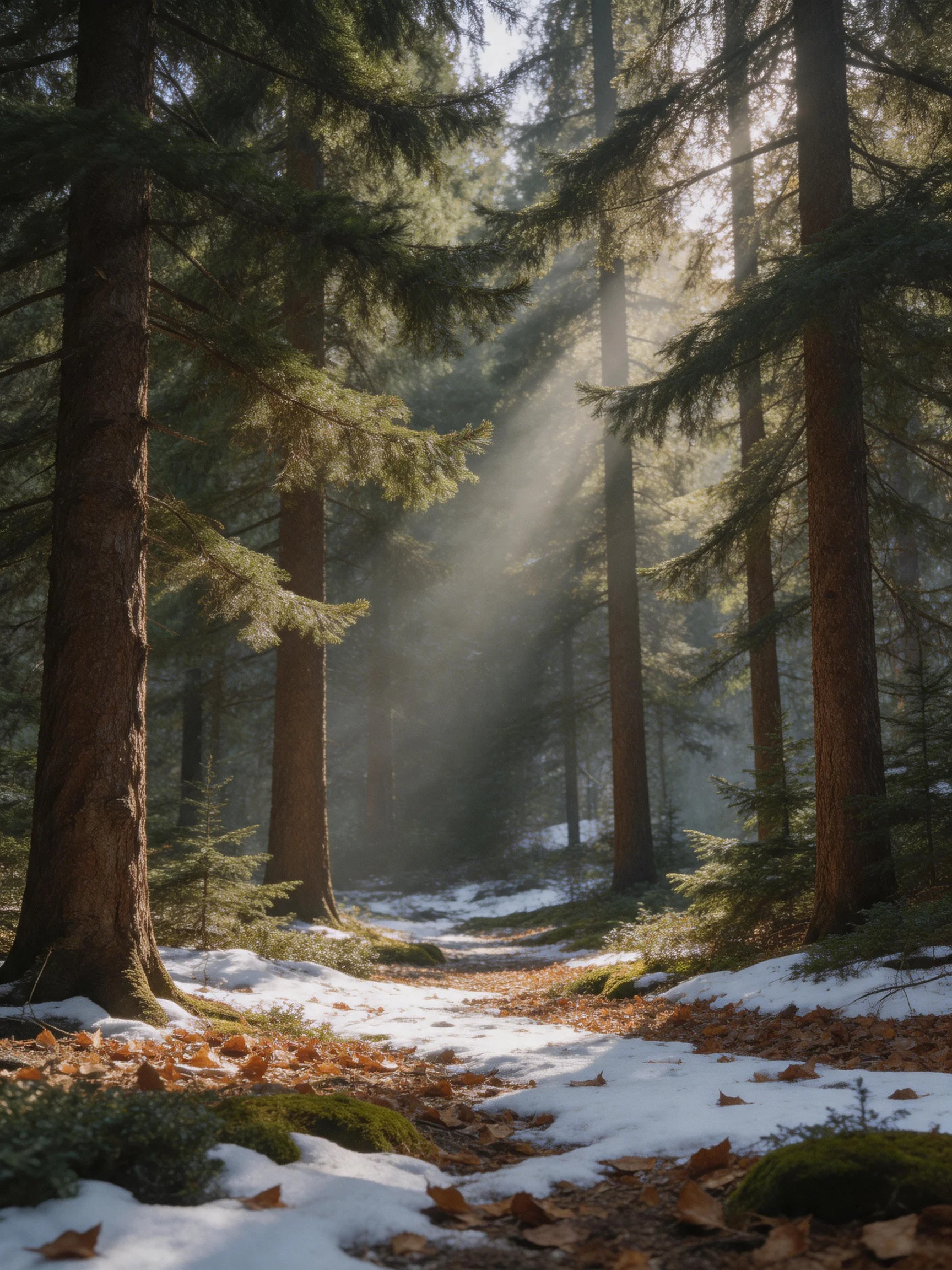 A sunlit winter forest path with tall evergreen trees and patches of snow