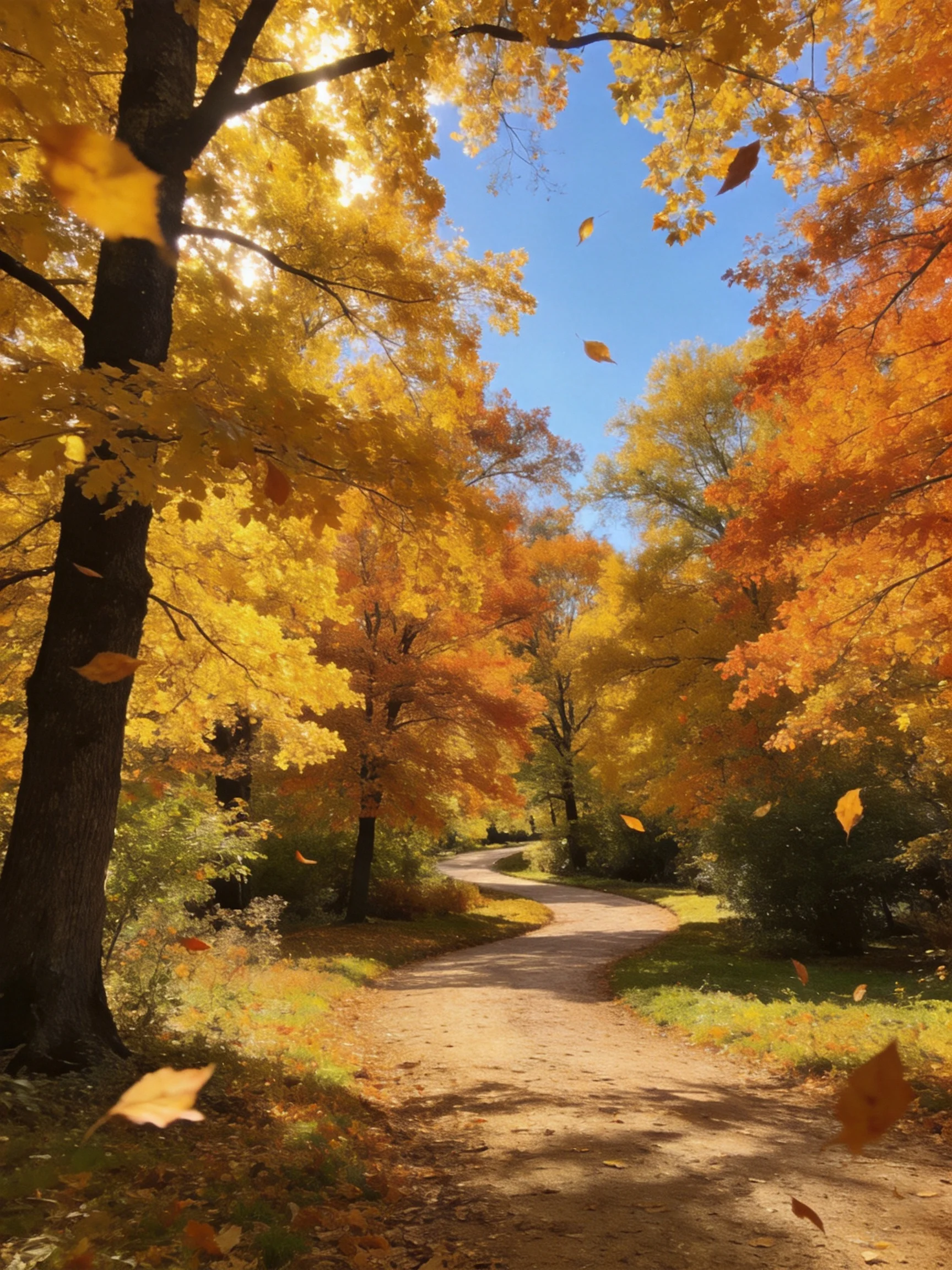 A sunny pathway winds through vibrant fall foliage