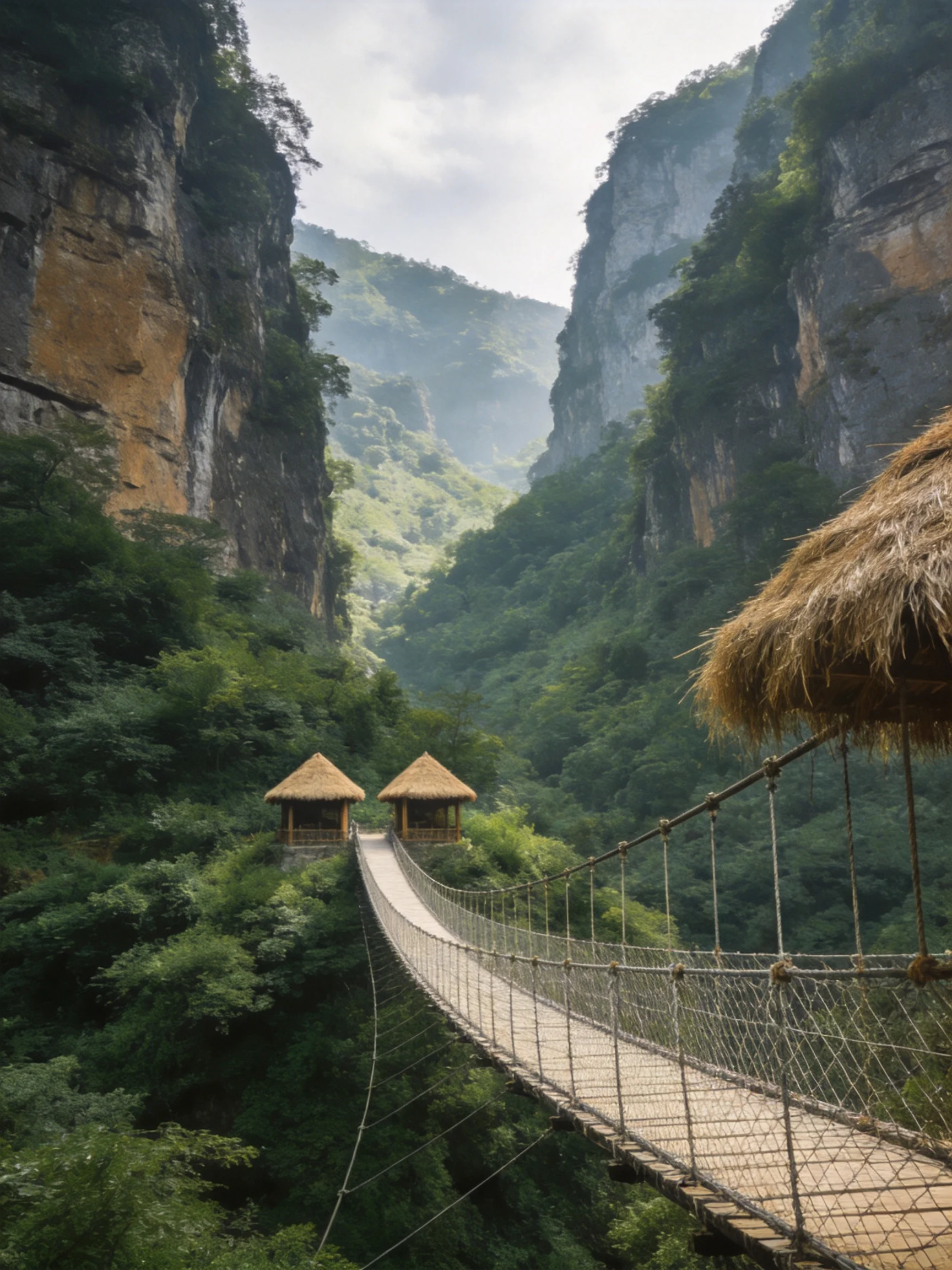 A suspension bridge spans a lush mountain canyon with thatched huts
