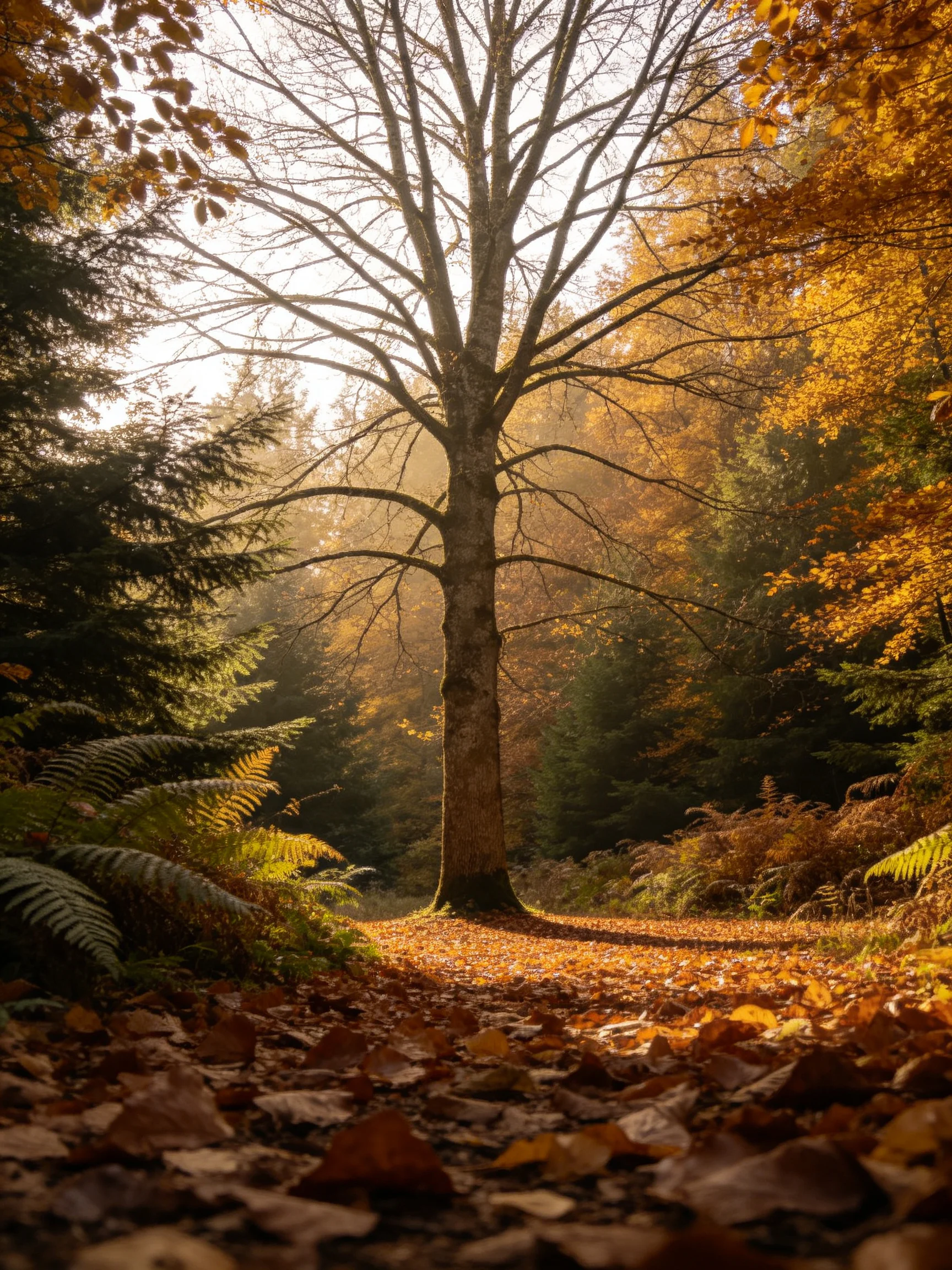 A tall central tree amidst autumn-colored forest with brown leaves
