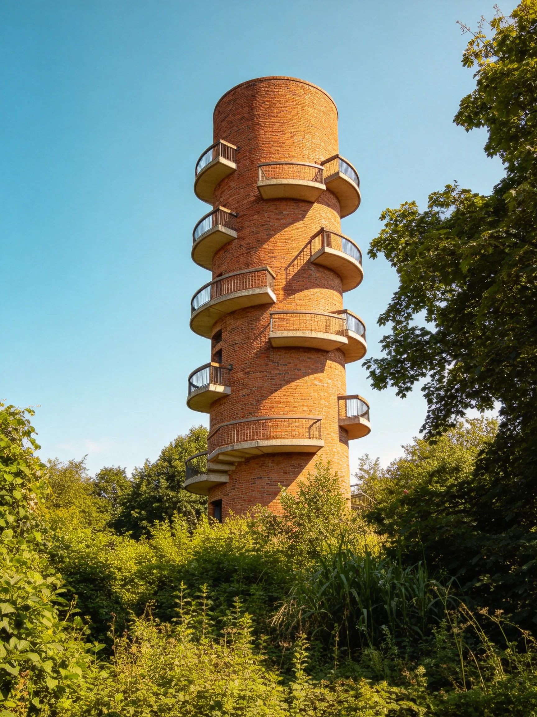 A tall cylindrical brick observation tower with spiral balconies