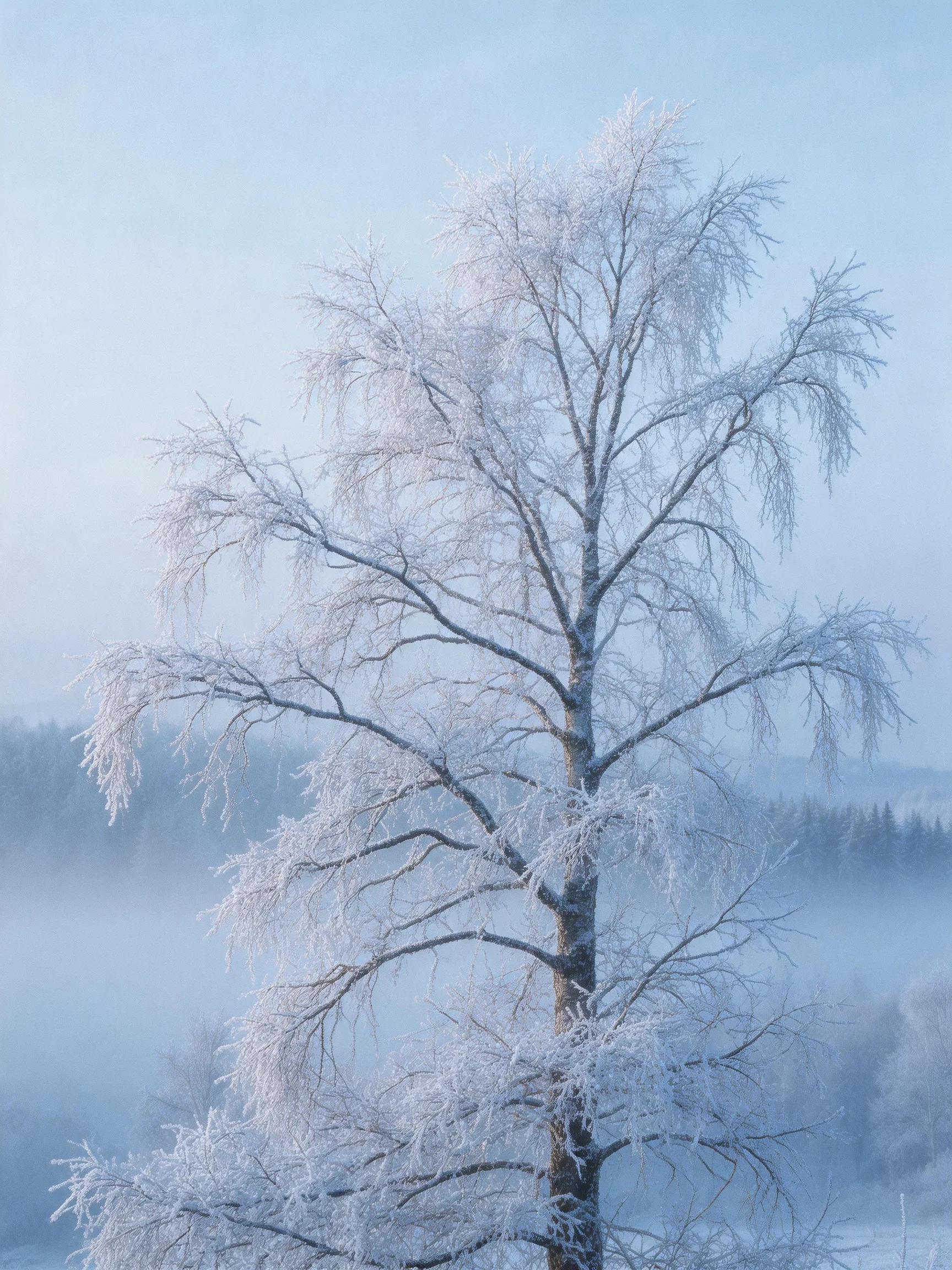 A tall frosted birch tree against a pale blue wintry sky