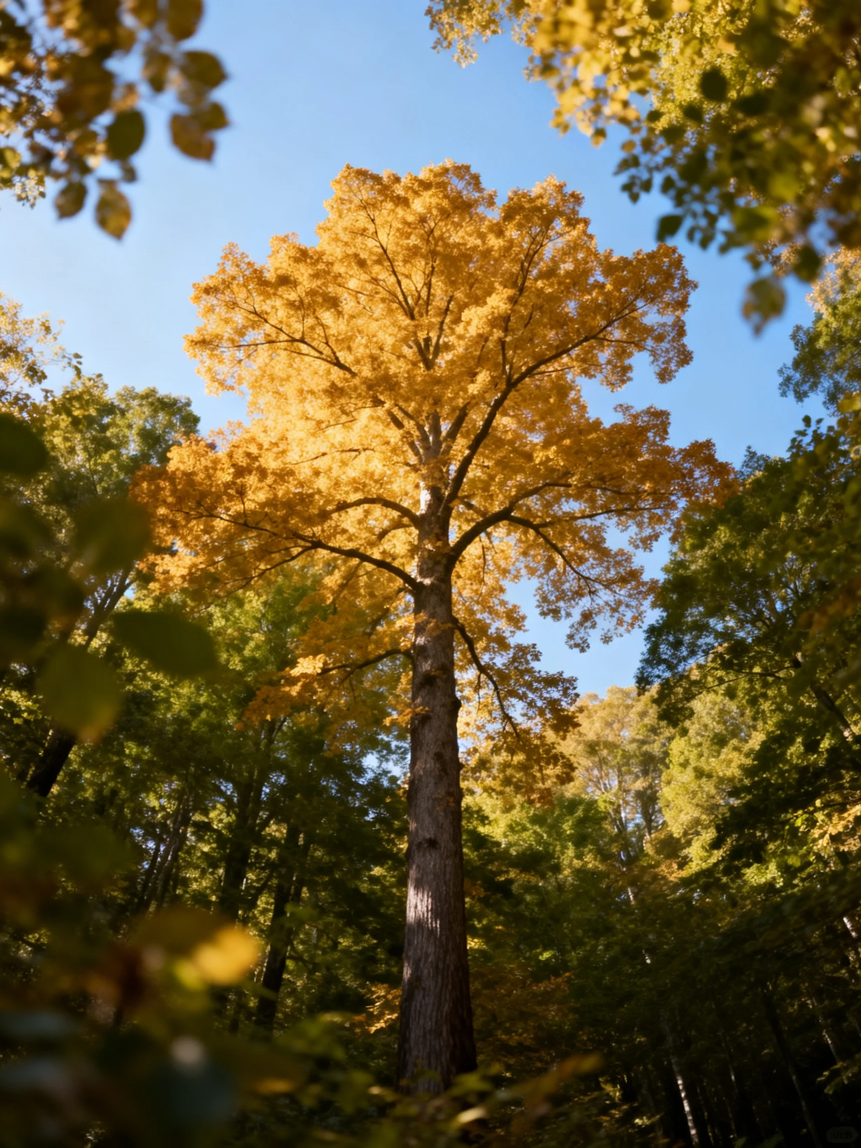 A tall golden-leaved tree towers over green forest trees under a clear blue sky