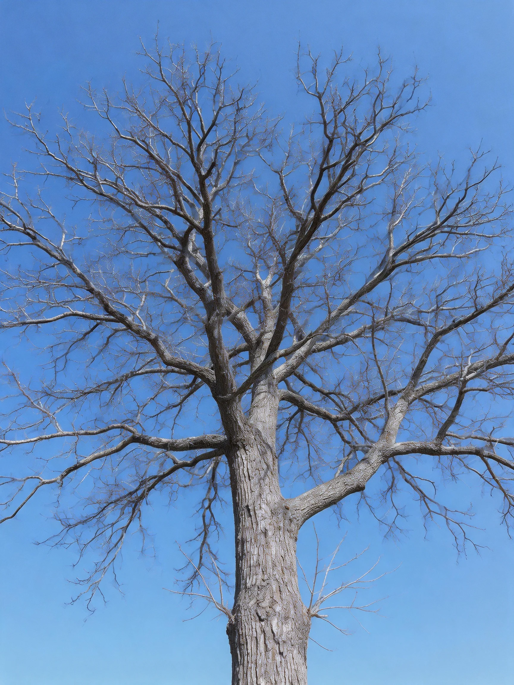A tall leafless tree with sprawling branches against a clear blue sky