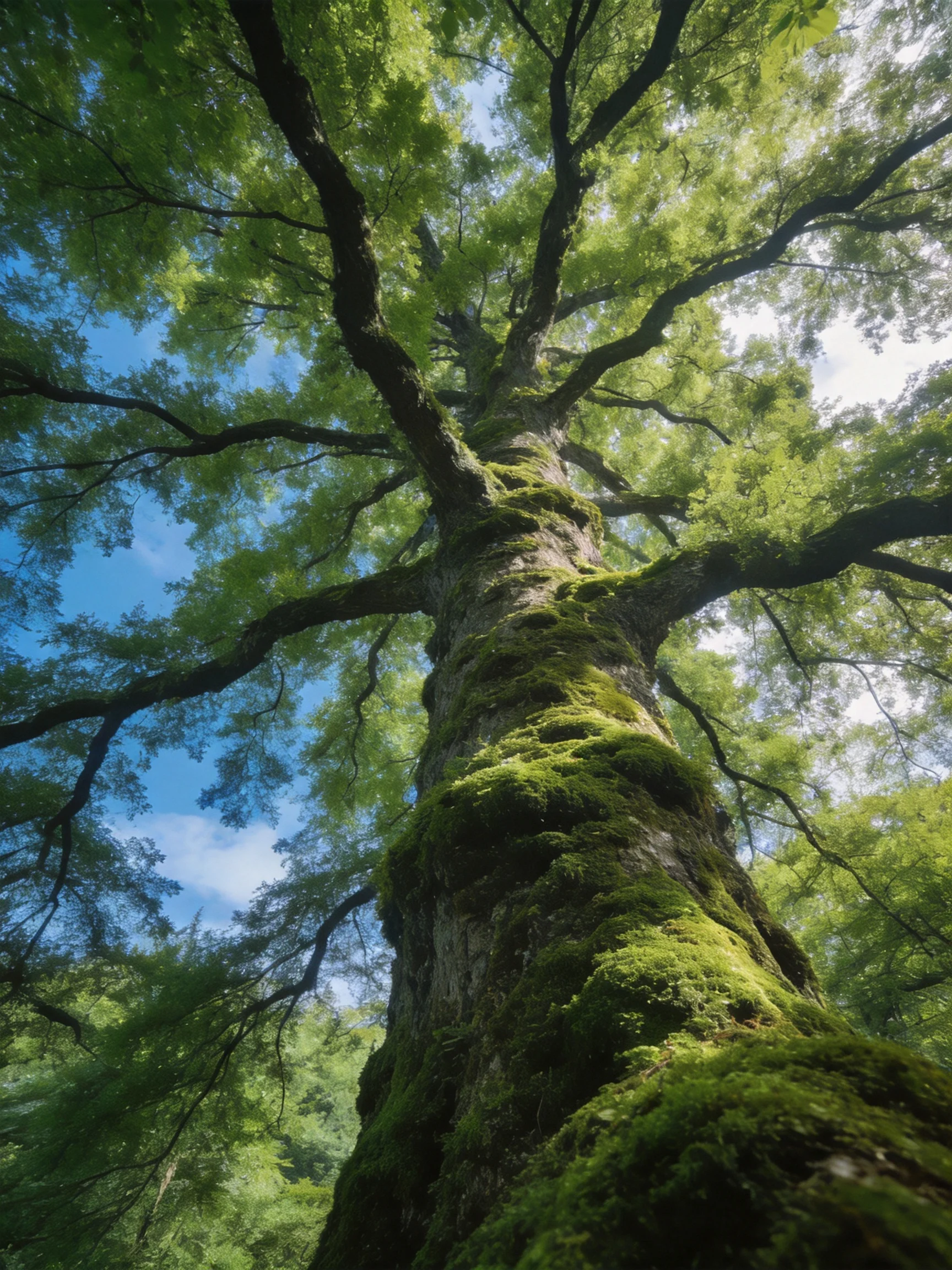 A tall oak tree covered in thick green moss beneath bright sky