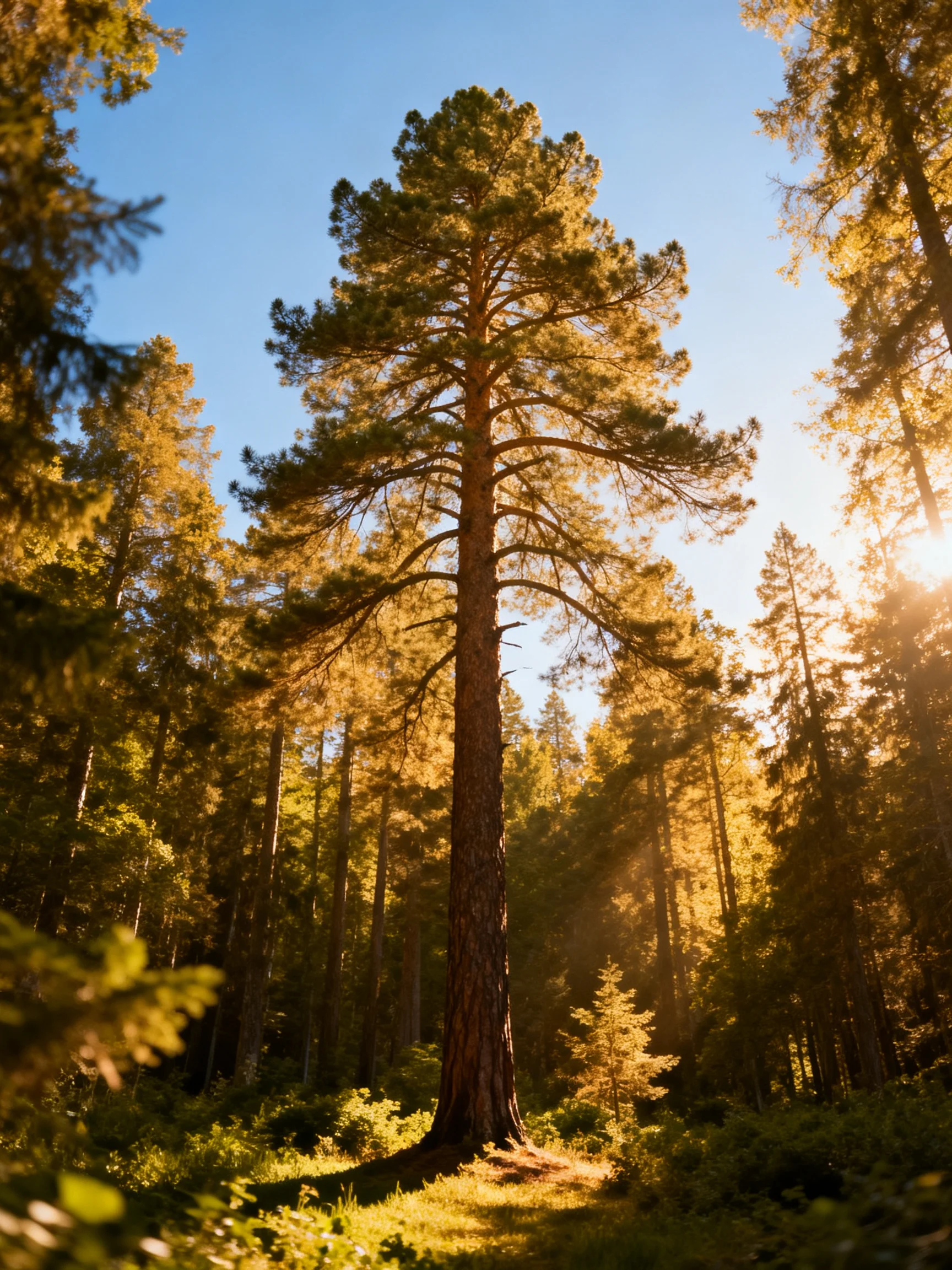 A tall pine tree stands central in a sunlit forest clearing
