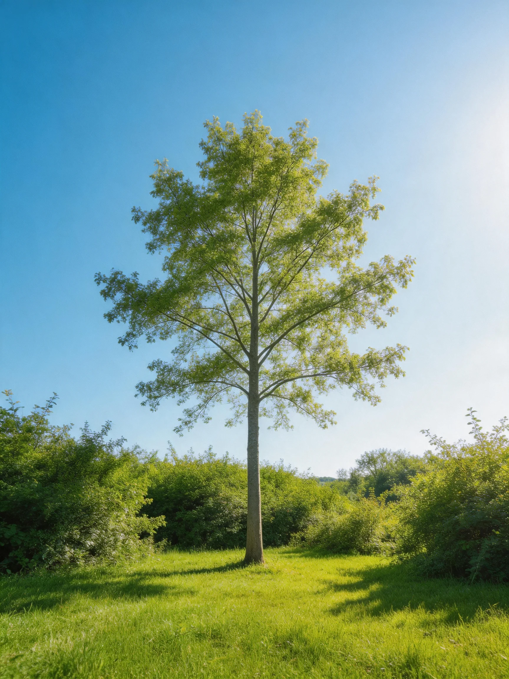A tall tree stands alone in a lush green meadow under clear blue sky