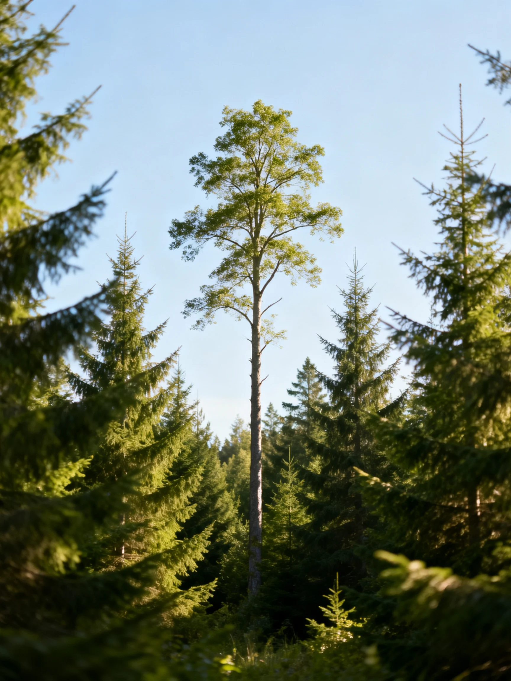 A tall tree stands among dense evergreen trees under clear blue sky