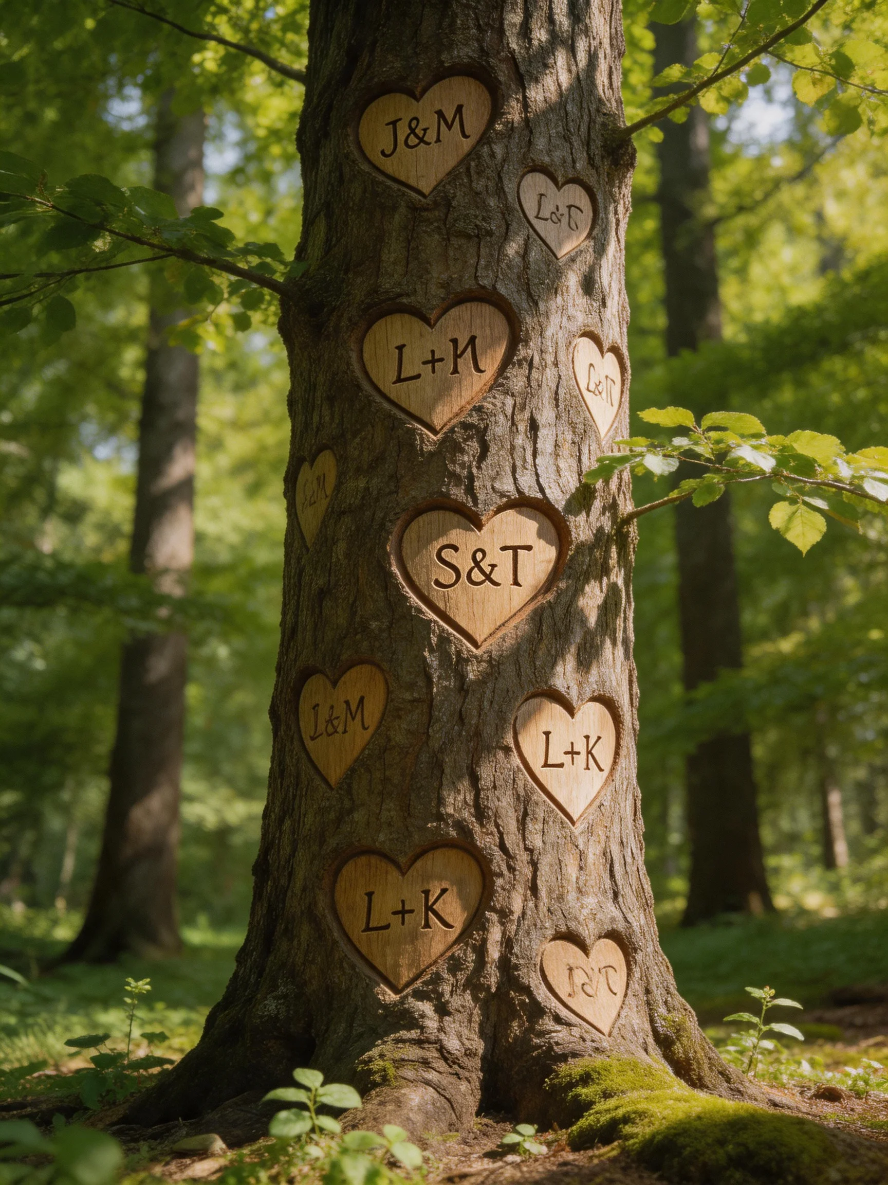 A tall tree with heart carvings and initials in a sunlit forest