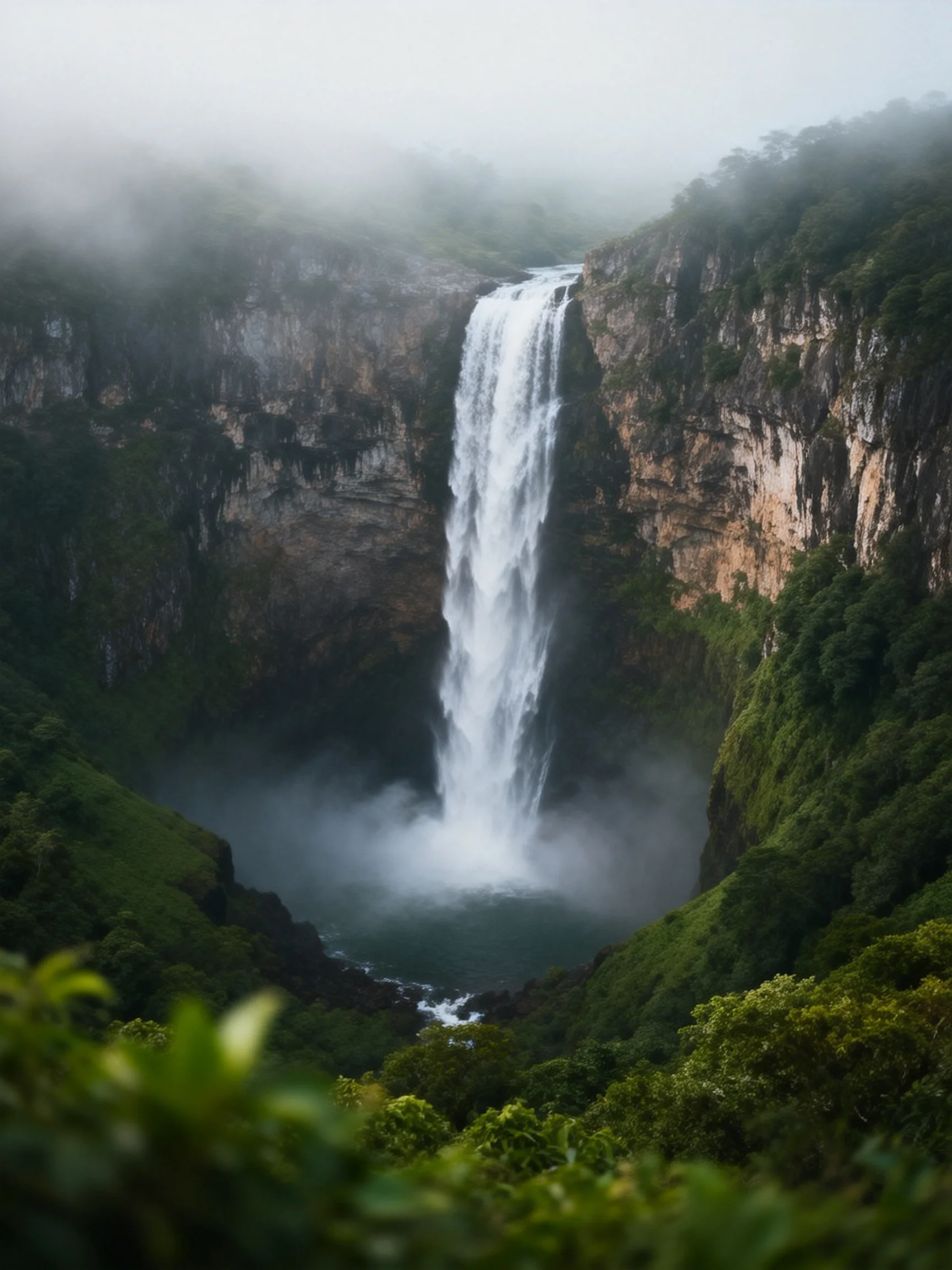 A tall waterfall cascades into deep canyon with lush green cliffs