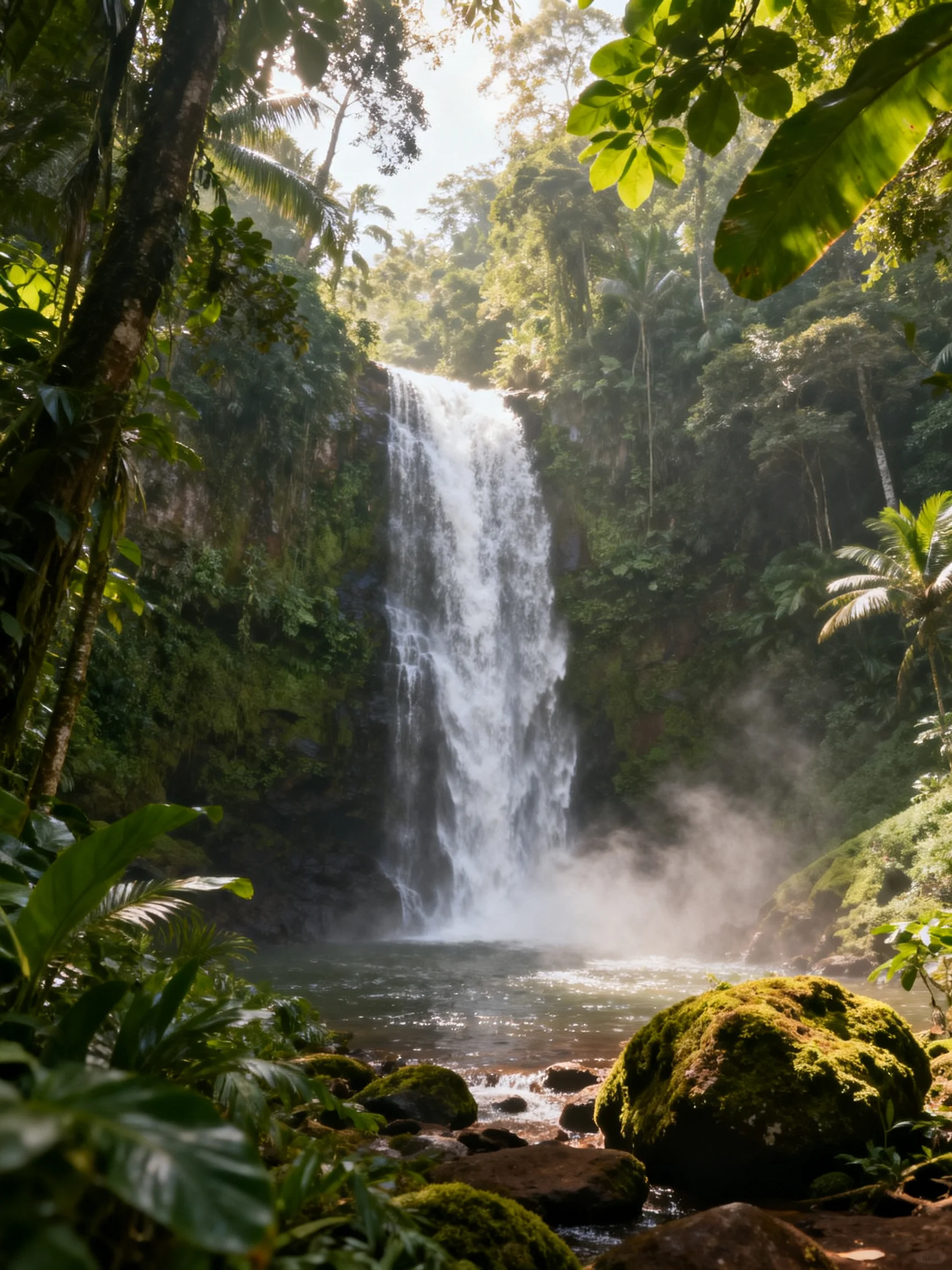 A tall waterfall crashes into a misty pool within dense tropical forest