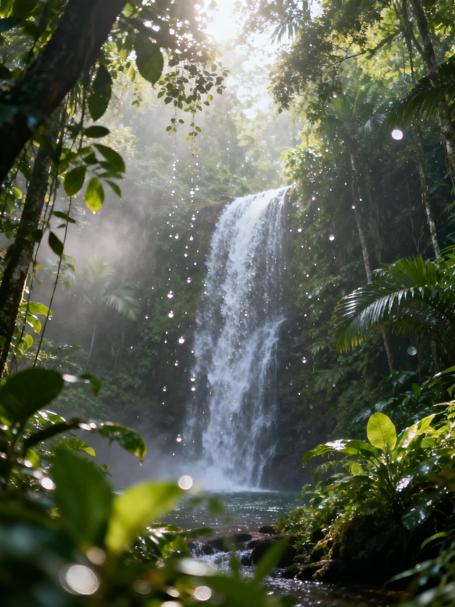 A tall waterfall flows through dense tropical foliage under bright sunlight