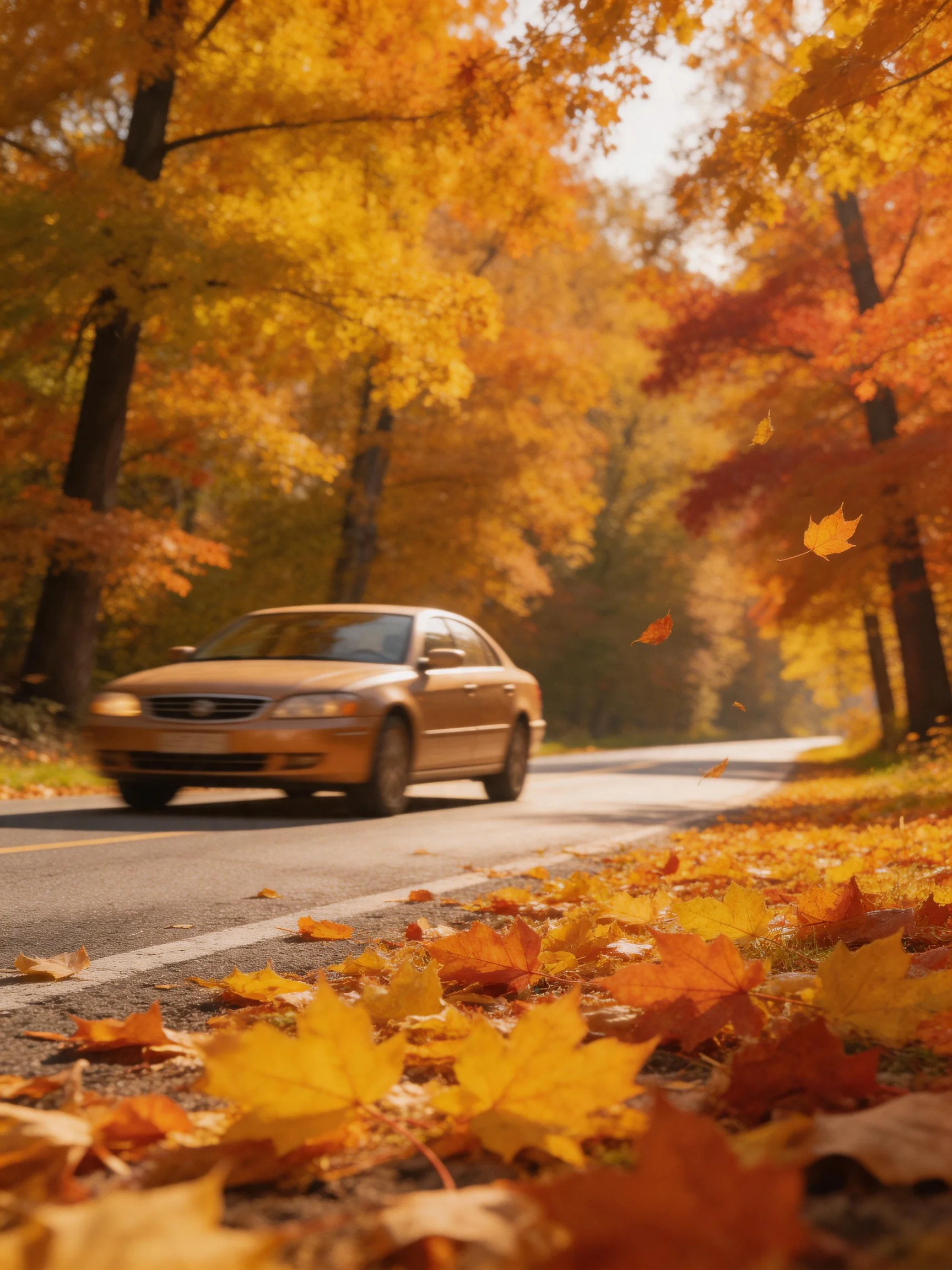 A tan sedan drives along a leaf-filled autumn forest road