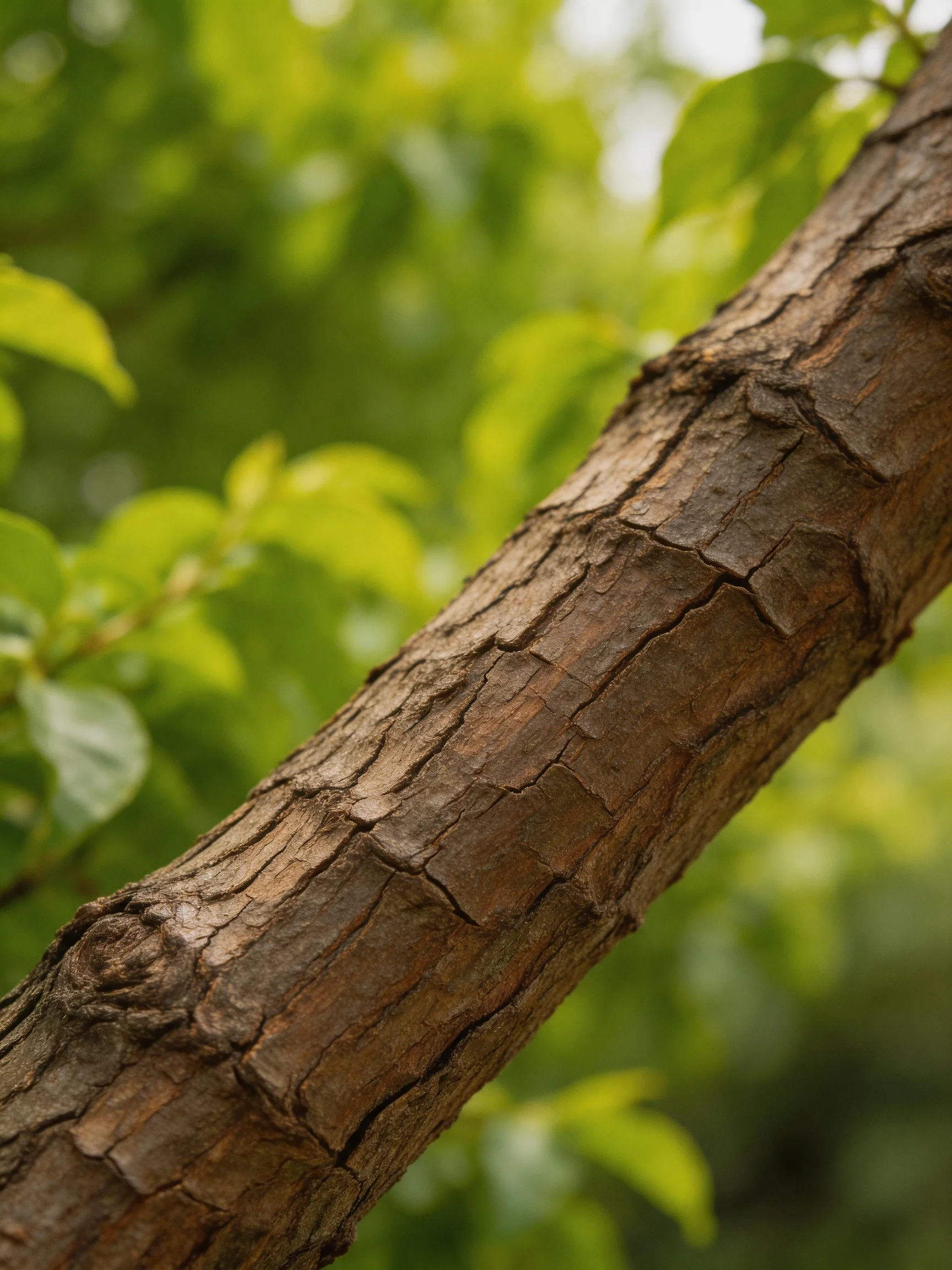 A textured brown tree trunk with vibrant green foliage in soft focus