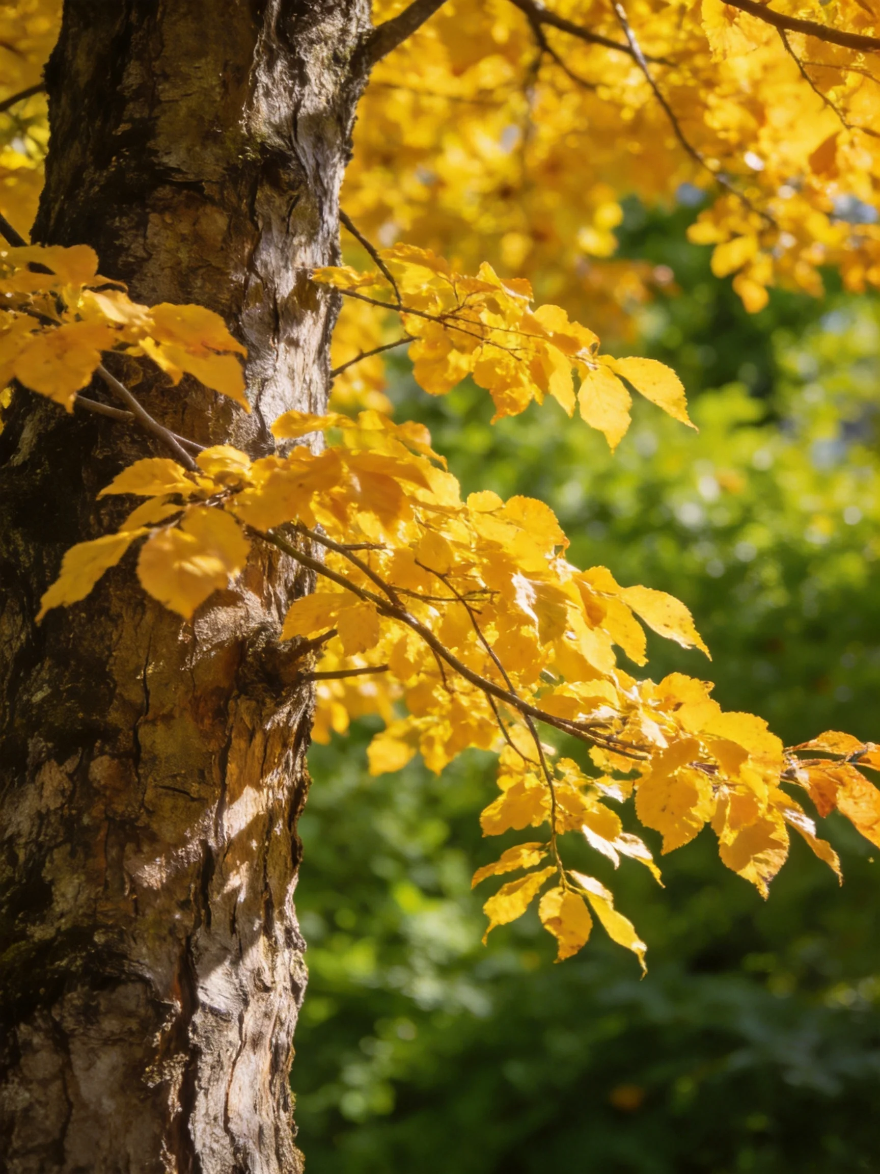 A textured tree trunk with vibrant golden autumn leaves and green foliage