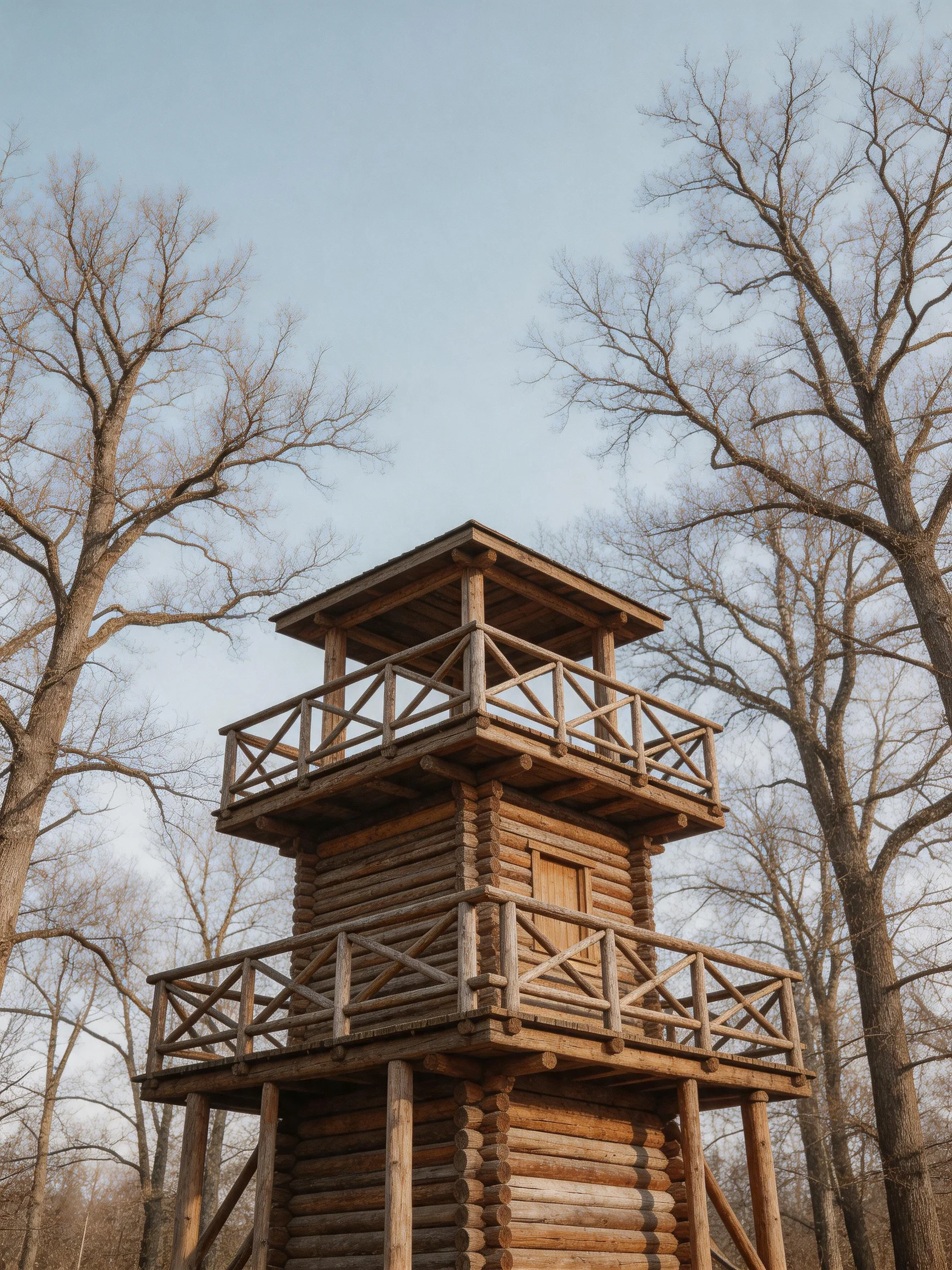 A three-level wooden observation tower amidst leafless trees