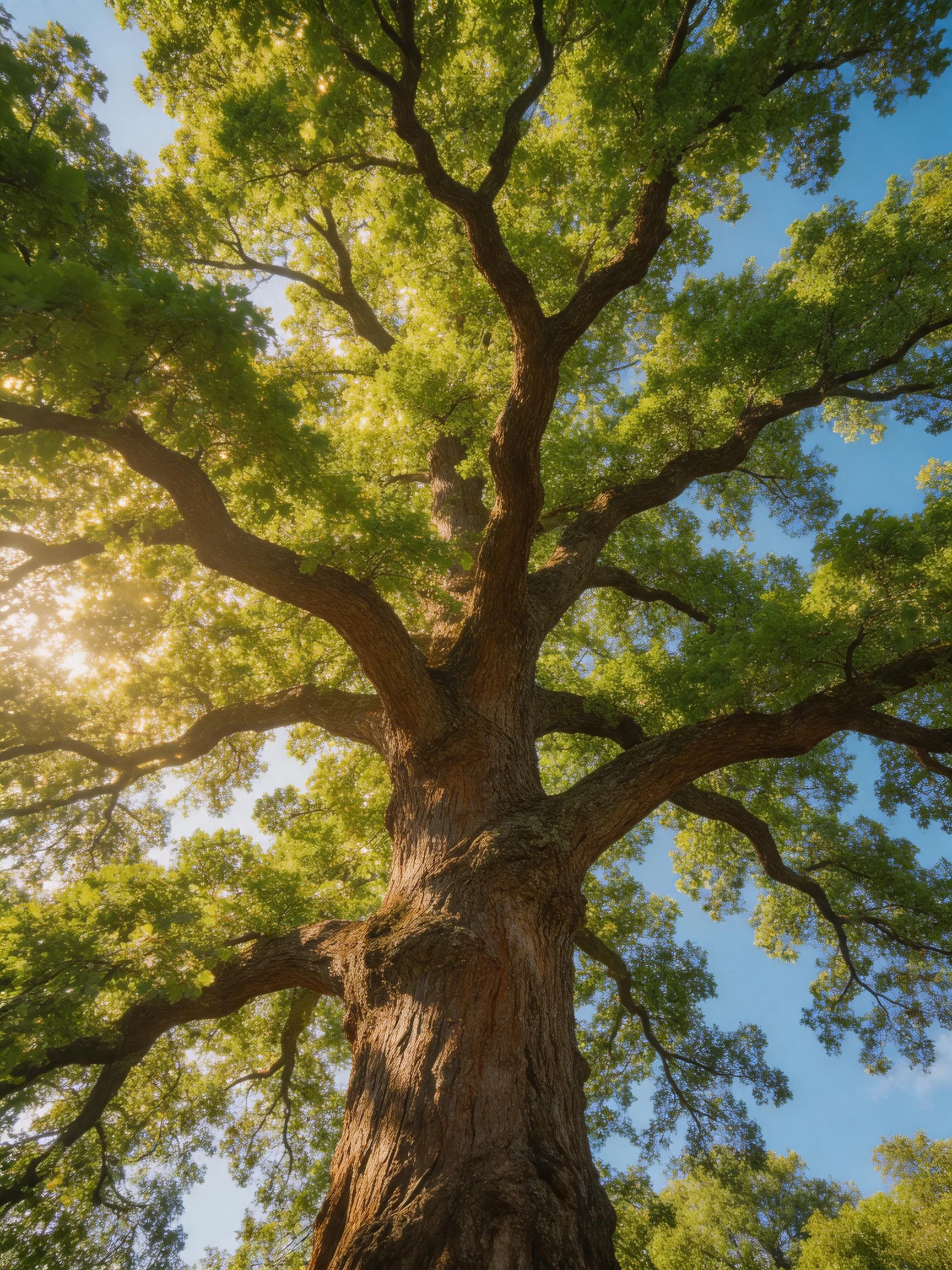 A towering ancient oak tree with dense green foliage beneath a clear blue sky