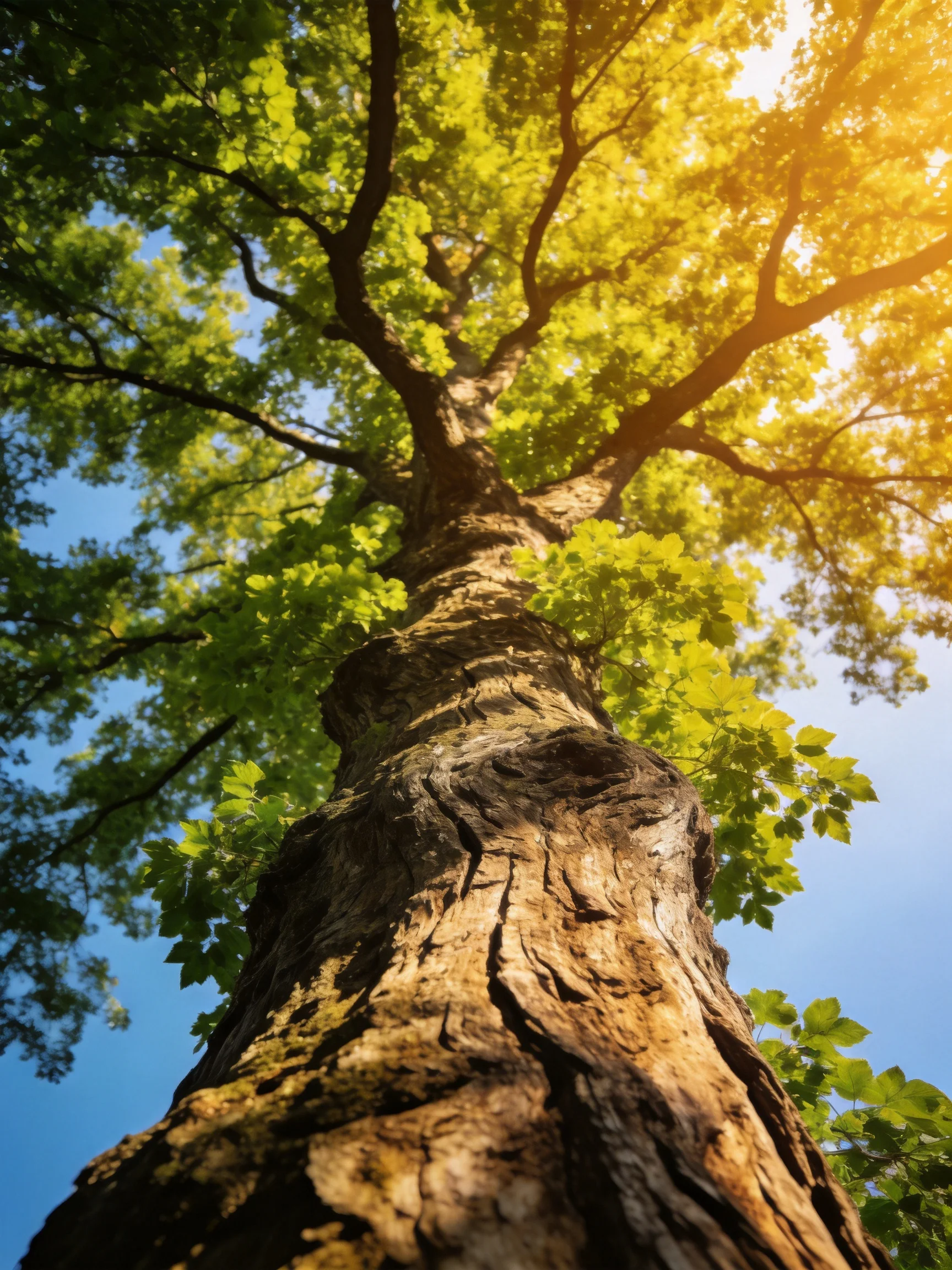 A towering ancient tree with textured bark and vibrant green foliage