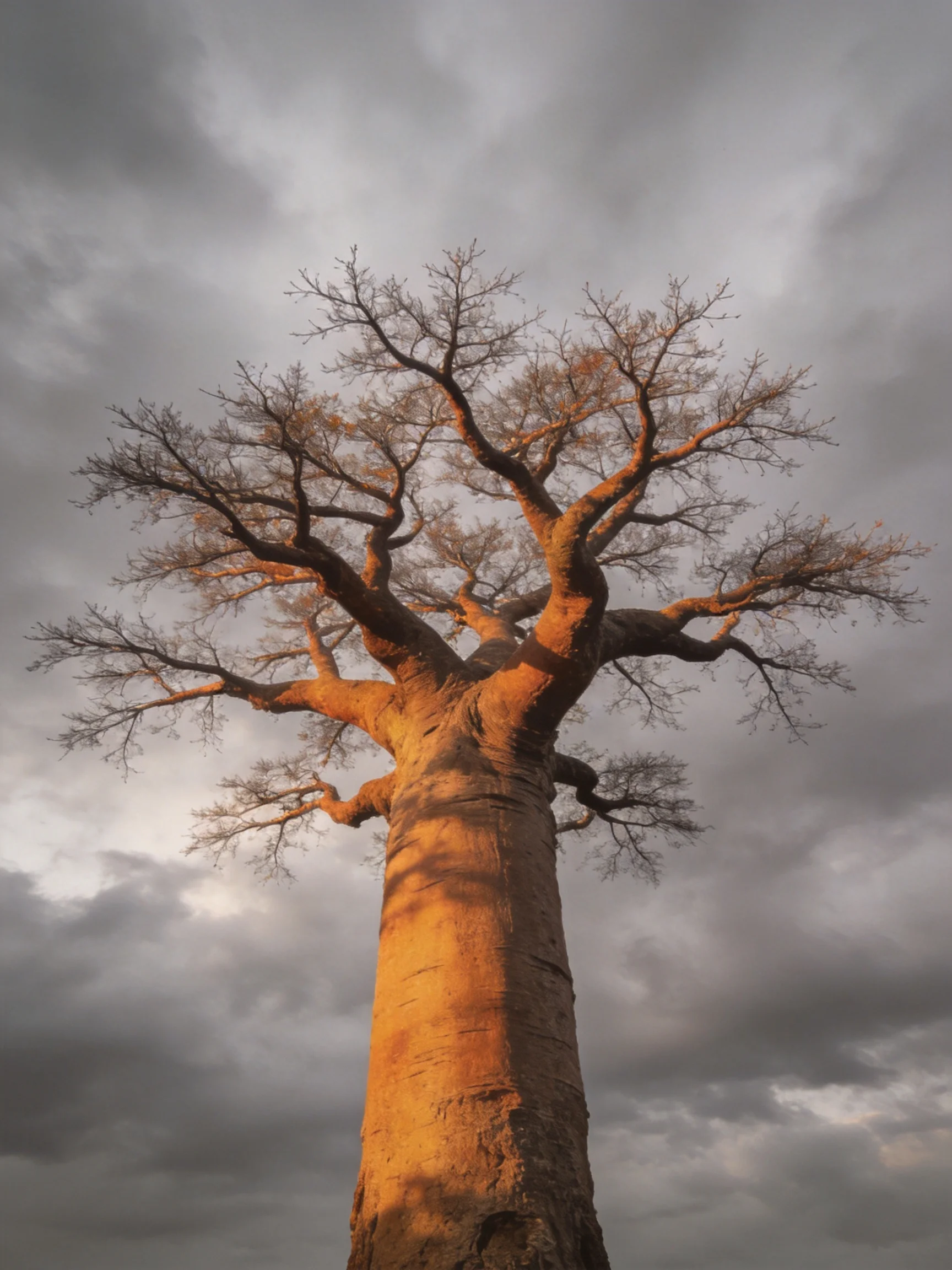 A towering baobab tree illuminated by golden light against stormy clouds