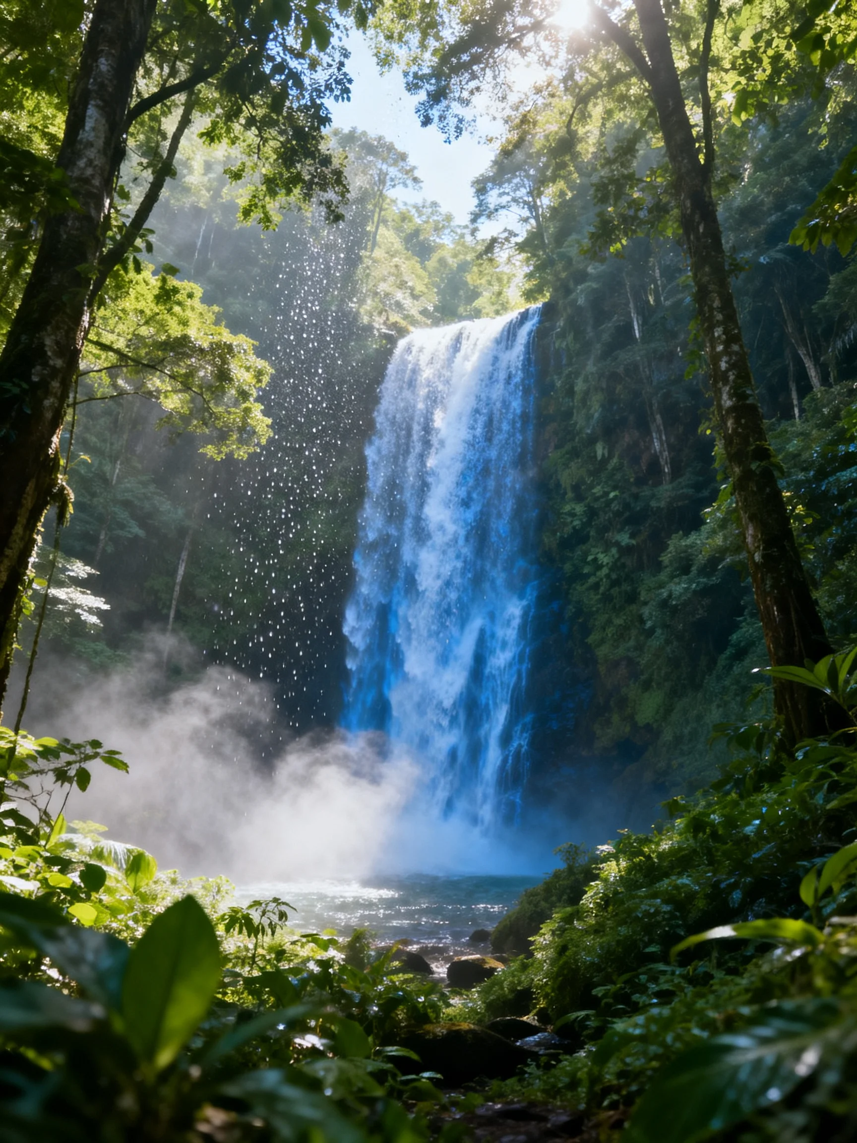 A towering blue waterfall cascades amid dense green foliage under bright sunlight